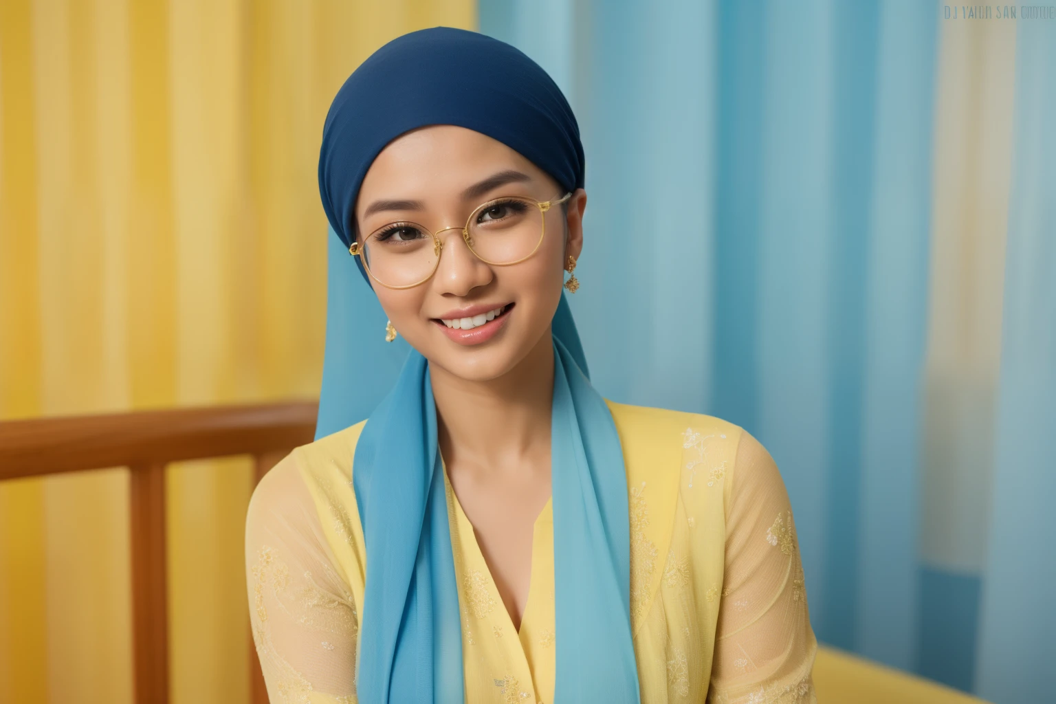 Sexy Malay woman in a light blue baju kebaya in front of a yellow background, laughing, dimple, glasses, hijab, mira filzah, full portrait, on a yellow canva, full portrait shot, photo of young malay woman, photo of a woman, potrait, in yellow background, half body shot, ultra detail, pastel color grading,