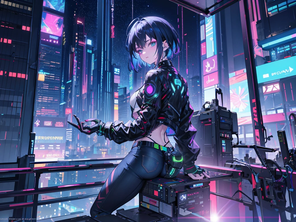 {{​masterpiece,Best Quality}}, top-quality, Delicate background,delicated face,Super delicate,Ultra-detailed CG Unity,8k wallpaper, lensflare, (colourfull:1.5),Back shot,Detailed beautiful eyes,a 20 yo woman,Bery short hair,sending hair,Cool Face,((Black and blue hair)),glowing green and purple eyes,abdominals,Big piercings,Overjacket,damage jeans,cyberpunked,a hologram,Neon lights flying around,nighttime scene,Perfect human body structure,On top of the building,Sit on the steel frame,stare at the building,Shining Buildings,Cyberpunk City,From  above,from distance,