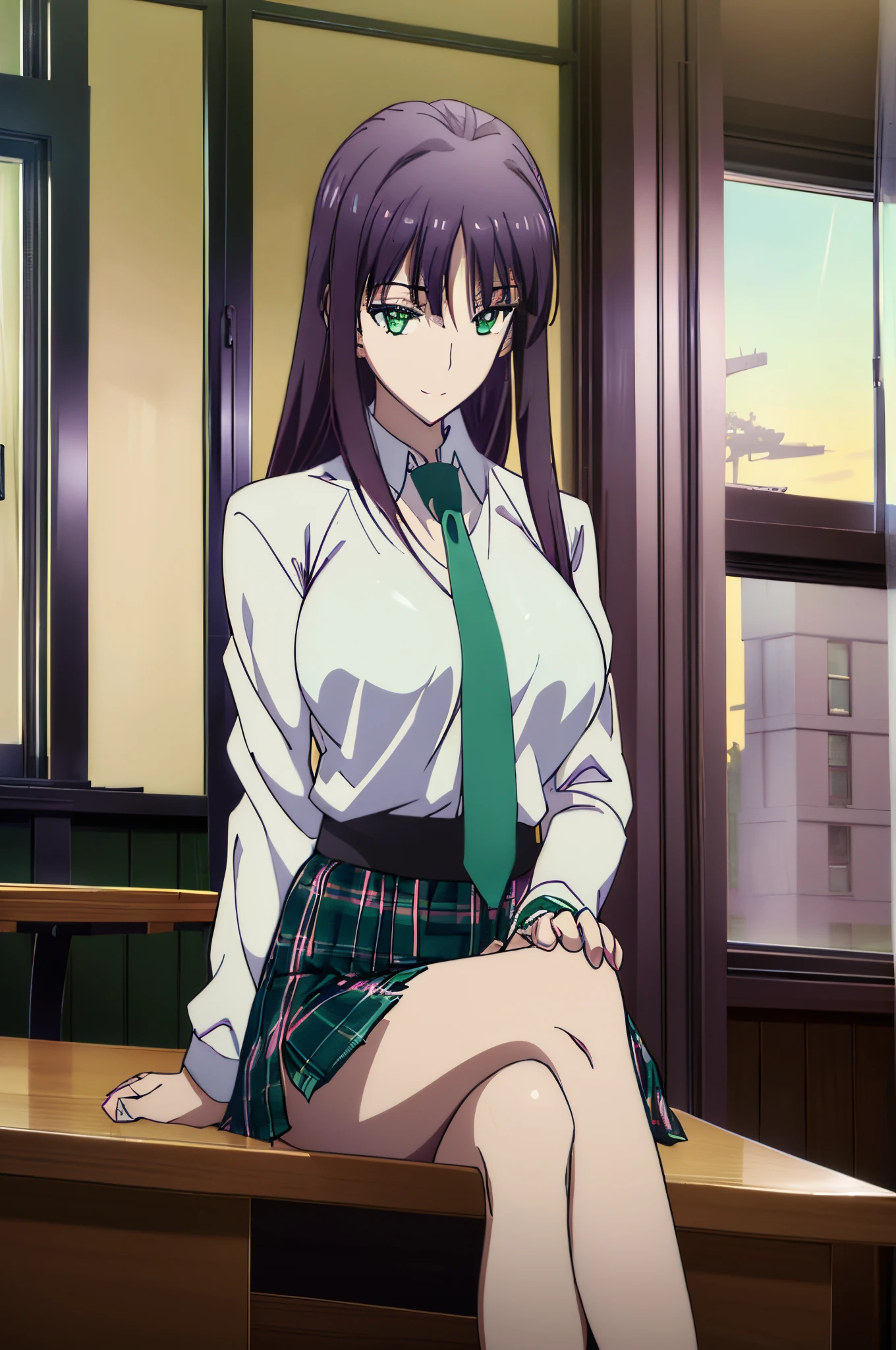 Makima (chain saw man),Sukasaha (Fate/grand order),Shimohira Reihua ,Hi-Res,Very delicate and beautiful CG illustration,top-quality,Realistic skin feeling,Realistic fabric,Realistic texture,beautiful thigh,big breasts thin waist,(((masutepiece))), (((Best Quality))),8K,32K,masterpiece,beautiful alluring anime woman,ultra-definition,ultra-detailliert,hight resolution,a hyperrealistic schoolgirl,masuter piece, Best Quality, High quality, High Definition, high quality texture, high quality shadow, high detailing,finely detail,1girl in,Solo,Soio,Only one person,Alone,One Person,tall,AS-Adult,Mature atmosphere,Leg length,neat and long legs,8 Head Body,stature:171cm,Mature girls,Reddish-purple hair,Reddish-purple hair,Purple hair,silky and smooth hair,Colorful hair,Straight hair,Smile,Smiling happily,lively expression,Cute smile,Cool Beauty,Beautuful Women,Neat face, Beautiful realism,Seductive look,Bewitching look,beautiful hairl,She wears a necklace around her neck,Necklace,bead necklace,magatama accessories,A slight smil,Colorful eyes,green colored eyes,Jade-colored eyes,beautidful eyes,Bright eye,Delicat eyes,Eyes Like Gems,Jade Eyes,Hanging eyes,(Green eyes:1.5),Seductive face,watching at viewers,mystic atmosphere,school buildings,校服,Classroom,A slight smil,school shirt,White button shirt,white shirt,neck tie,plaid skirts,a miniskirt,Black socks,knee sox,lowfers,satchel,extremely details CG,Classroom,Sitting on a chair,a chair,Intricate details,Beautiful eyes,((Ring-shaped eyes)),beautiful lighting,Cheek cane,Classroom Desk,Sit and cross your legs,Pupils,High school students,Sunlight pouring through the window,during daytime,desks and chairs used by students,natural soft light,looking at viewert,Classroom background,Japan Schools,(crossed legs),