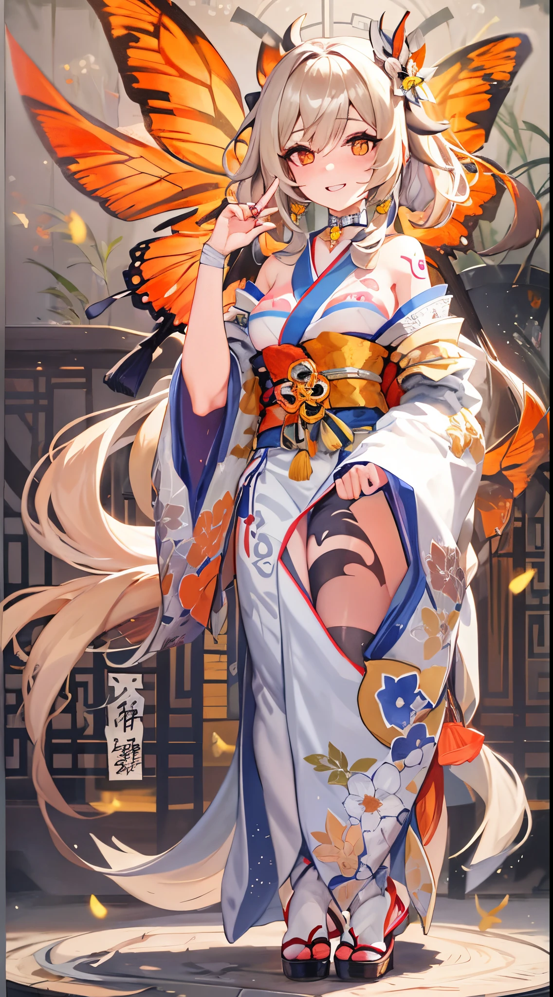 tmasterpiece, Best quality, A high resolution, 1 busty girl, Blonde hair, Medium hair, Asymmetrical hair, Flutter, hair between eye, high ponytails, side locks, hair adornments, fish hair ornament, ?????? tassels, God Seat, through bangs, Orange eyes, with her mouth open, ssmile, teeth, upper teeth only, collars, Red collar, drop collar, Butterfly choker, 鎖骨, Tattoos are, chest tattoo, flower tattoo, LOP, mediuml breasts, upper legs, bandagens, The legs are wrapped in bandages, Salahi, Salahi Budget, Bubu Salahi, black sash, hadanugi dousa, Annunciation Star, Japanese clothes, Common, gold claw, inner strength, Great God, crucian, orange kimono, pouch, print kimono, ropes, Sash, China rope, Short kimono, Single bare shoulder, imagining (genshin impact), east asian architecture, Sakura NS, Full body lesbian, crouched, fire works, natta, fire works, holding fireworks, legs standing together, the feet, Single glove, Single fingerless gloves, Wristbands, Black socks,