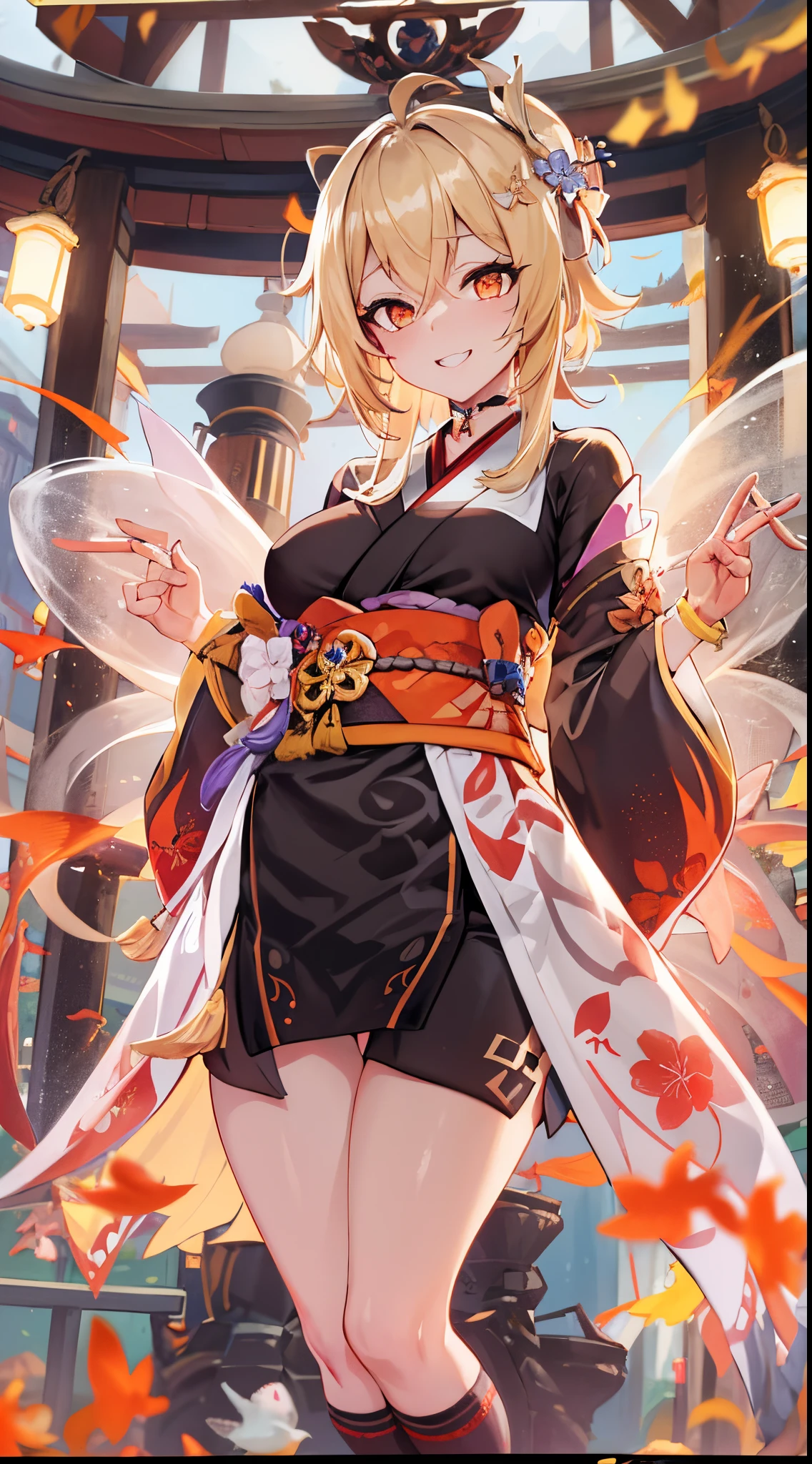 tmasterpiece, Best quality, A high resolution, 1 busty girl, Blonde hair, Medium hair, Asymmetrical hair, Flutter, hair between eye, high ponytails, side locks, hair adornments, fish hair ornament, Nipple tassels, God Seat, through bangs, Orange eyes, with her mouth open, ssmile, teeth, upper teeth only, collars, Red collar, drop collar, Butterfly choker, 鎖骨, Tattoos are, chest tattoo, flower tattoo, LOP, mediuml breasts, upper legs, bandagens, The legs are wrapped in bandages, Salahi, Salahi Budget, Bubu Salahi, black sash, hadanugi dousa, Annunciation Star, Japanese clothes, Common, gold claw, inner strength, Great God, crucian, orange kimono, pouch, print kimono, ropes, Sash, China rope, Short kimono, Single bare shoulder, imagining (genshin impact), east asian architecture, Sakura NS, Full body lesbian, crouched, fire works, natta, fire works, holding fireworks, legs standing together, the feet, Single glove, Single fingerless gloves, Wristbands, Black socks,