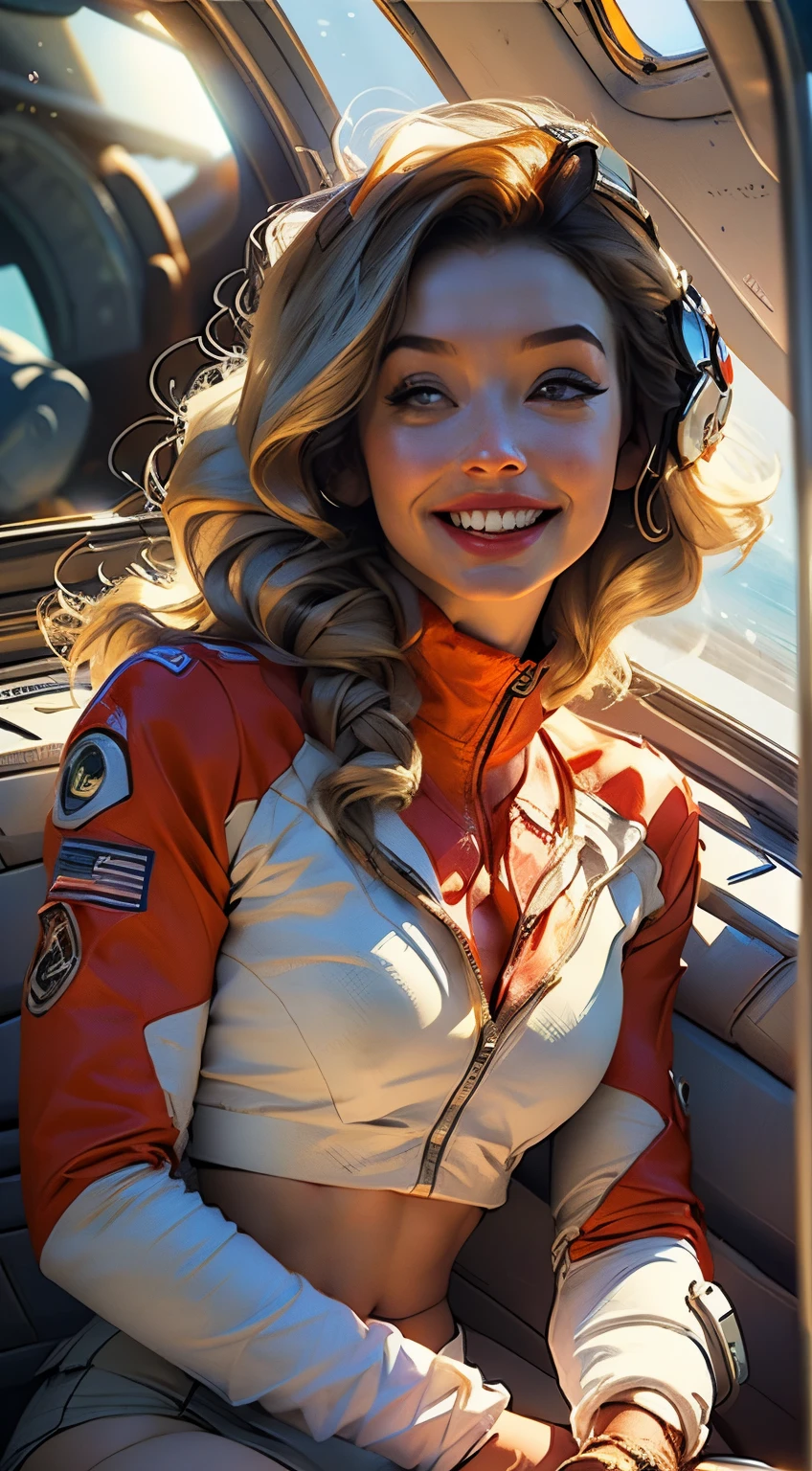 Astronaut style white and gold trim bikini (breast) and clear helmet, with a group of soldiers behind her, beautiful sci-fi art, beautiful smile, waiting for a kiss, turning and looking at the camera, space warrior, sunrise over solar punk city, stoner rock, mars invasion, epic album art cover, sexy movie photo, cinemascope panorama, high stylized and 1940’s poster, cosmic style, 8k cinematic, golden ratio, cosmic mayhem, light particles, wet look, golden hour, realistic, masterpiece, highest quality, lens flare, shade, bloom, [[chromatic aberration]]