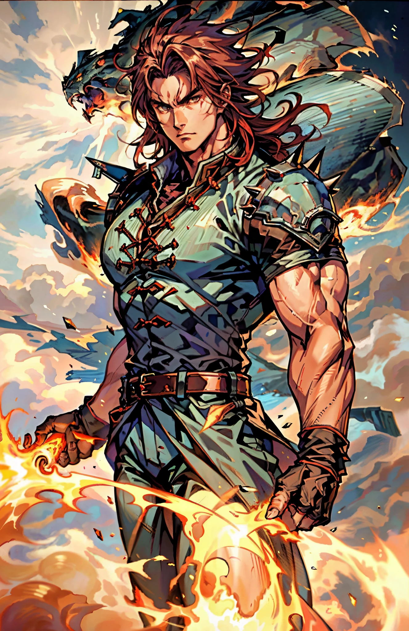 a young man, deep blue short hair, a dense and voluminous spiky hairstyle, two long hair bangs, an arrogant demeanor, a fierce gaze, brown skin, simple solid-colored traditional Chinese clothing, a red belt, flowing hem, red wrist guards, coarse cloth trousers, the surrounding air distorts due to intense heat, the background depicts a volcanic crater erupting with molten lava, this character embodies a finely crafted fantasy-style martial arts in anime style, exquisite and mature manga art style, high definition, best quality, highres, ultra-detailed, ultra-fine painting, extremely delicate, professional, anatomically correct, symmetrical face, extremely detailed eyes and face, high quality eyes, creativity, RAW photo, UHD, 8k, Natural light, cinematic lighting, masterpiece-anatomy-perfect, masterpiece:1.5