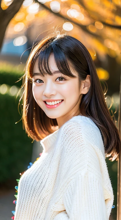 ulzzang -6500-v1.1, (Raw photo:1.2), (Photorealistic:1.4), Beautiful detailed girl, Very detailed eyes and face, Beautiful detailed eyes, Ridiculous, Incredibly ridiculous, Huge file size, super detailed, High resolution, Very detailed, Best Quality, masutepiece, Kemomimi, ((Japan Girls Fallwear )), ((White sweater、G-pan))Illustration, Very detailed, nffsw, unified, 8K Wallpaper, amazing, Fine details, masutepiece, Best Quality, Highly detailed ticker uniform 8K wallpaper, Light on Face, Cinematic lighting, 1girl in, , lightsmile, Full body, Running ,((Dynamic Pose)), season for autumn、A park with beautiful autumn leaves、Autumn leaves on autumn background、Bright light in the morning、Morning running is sunny、Facing the front、Making a heart mark by hand、Smiling、((Dynamic Pose))、make a heart mark、heart mark、