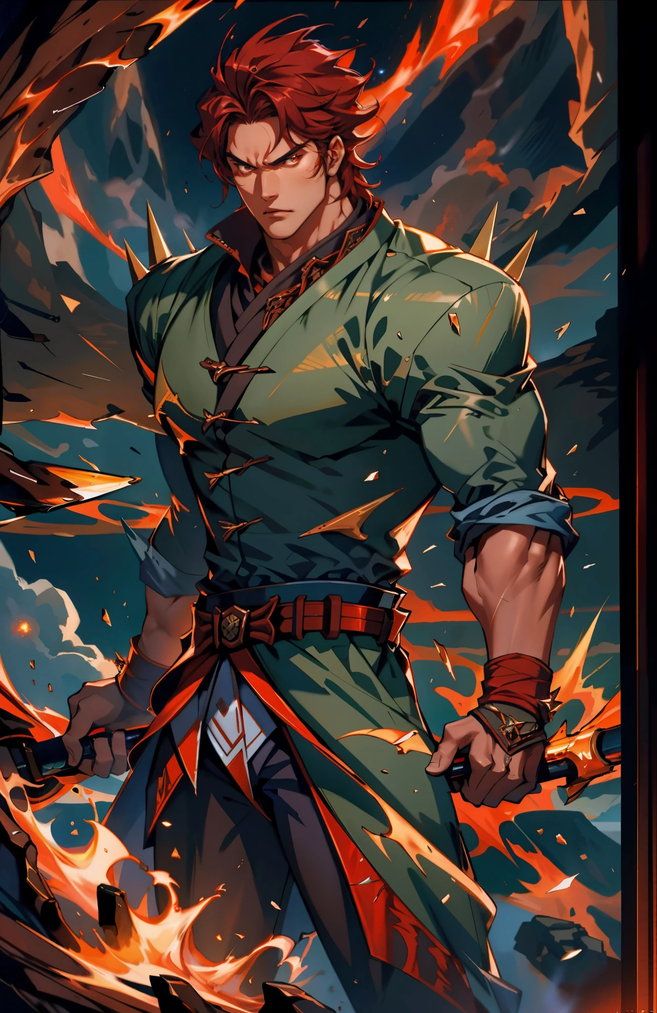 a young man, deep blue short hair, a dense and voluminous spiky hairstyle, two long hair bangs, an arrogant demeanor, a fierce gaze, brown skin, simple solid-colored traditional Chinese clothing, a red belt, flowing hem, red wrist guards, coarse cloth trousers, the surrounding air distorts due to intense heat, the background depicts a volcanic crater erupting with molten lava, this character embodies a finely crafted fantasy-style martial arts in anime style, exquisite and mature manga art style, high definition, best quality, highres, ultra-detailed, ultra-fine painting, extremely delicate, professional, anatomically correct, symmetrical face, extremely detailed eyes and face, high quality eyes, creativity, RAW photo, UHD, 8k, Natural light, cinematic lighting, masterpiece-anatomy-perfect, masterpiece:1.5
