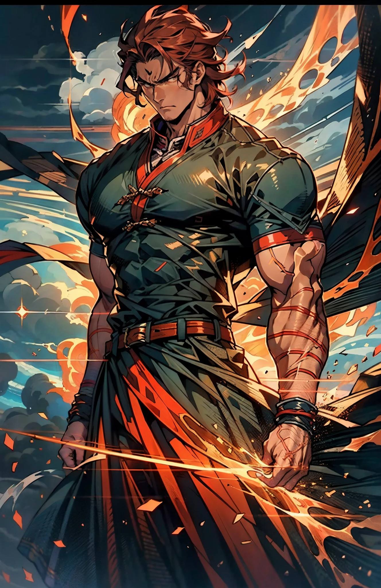 a young man, deep blue short hair, a dense and voluminous spiky hairstyle, two long hair bangs, an arrogant demeanor, a fierce gaze, brown skin, simple solid-colored traditional Chinese clothing, a red belt, flowing hem, red wrist guards, coarse cloth trousers, the surrounding air distorts due to intense heat, the background depicts a volcanic crater erupting with molten lava, this character embodies a finely crafted fantasy-style martial arts in anime style, exquisite and mature manga art style, high definition, best quality, highres, ultra-detailed, ultra-fine painting, extremely delicate, professional, anatomically correct, symmetrical face, extremely detailed eyes and face, high quality eyes, creativity, RAW photo, UHD, 8k, Natural light, cinematic lighting, masterpiece-anatomy-perfect, masterpiece:1.5