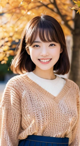 ulzzang -6500-v1.1, (Raw photo:1.2), (Photorealistic:1.4), Beautiful detailed girl, Very detailed eyes and face, Beautiful detailed eyes, Ridiculous, Incredibly ridiculous, Huge file size, High resolution, Very detailed, Best Quality, masutepiece, Kemomimi,((Japan Girls Fallwear )), ((Brown sweater、skirt by the)) , Illustration, Very detailed, nffsw, unified, 8K Wallpaper, amazing, Fine details, masutepiece, Best Quality, Highly detailed ticker uniform 8K wallpaper, Light on Face, Cinematic lighting, 1girl in, 16 years old, Facing the front、Smiling、Facing the front、Smiling、((Dynamic Pose)), Autumn leaves on autumn background,
