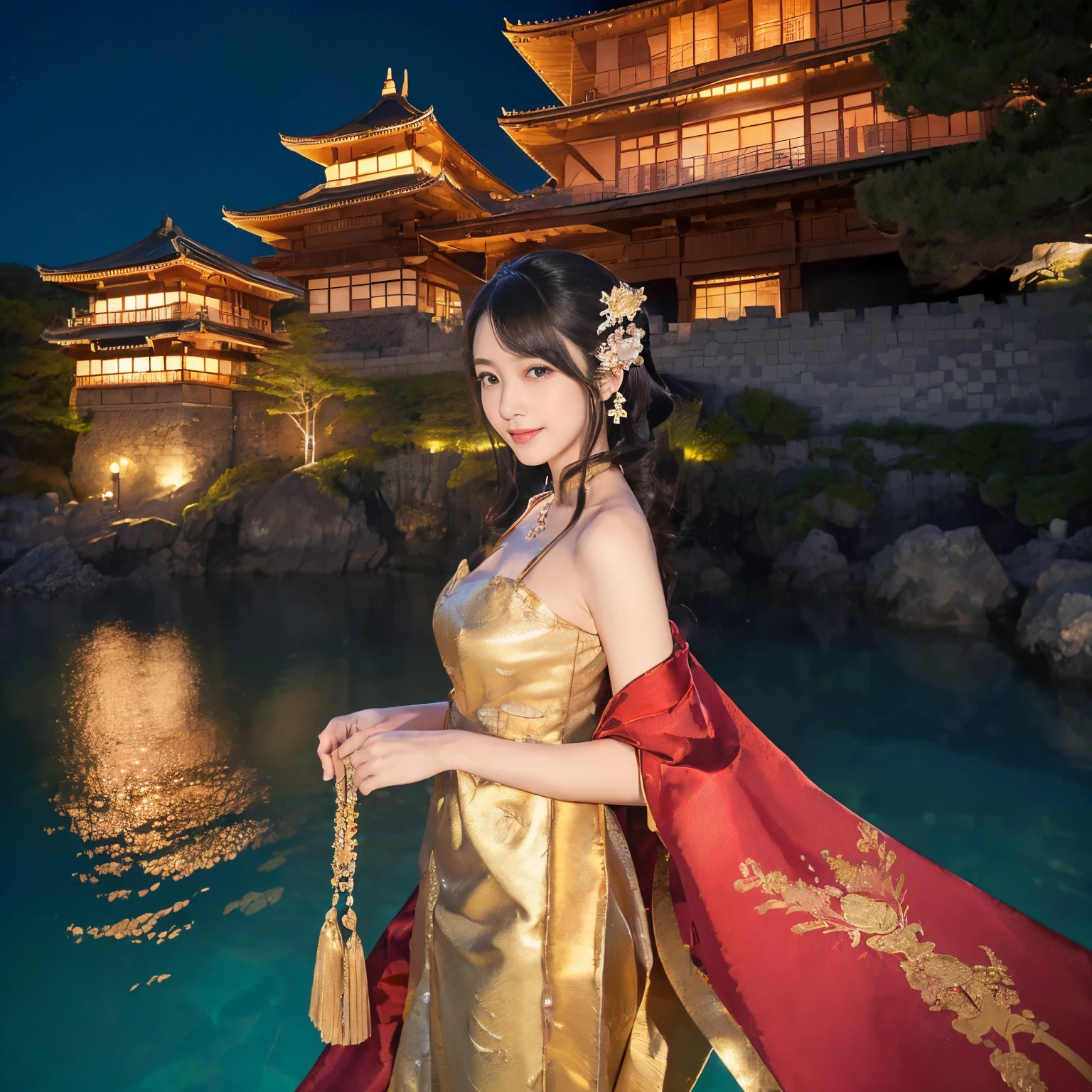 ((top-quality、masutepiece、8K、Top image quality、Very complex and detailed details、1 photo))、((One Princess、Otohime 1 person、luxurious courtesan costume、Luxurious furisode、photo of her from the knees up、gorgeous courtesan、i&#39;wearing a luxurious hairpin、Luxurious hair ornaments、Exterior of Deep Sea Castle、Exterior of underwater castle、i&#39;I&#39;m in a castle under the sea)、((The background is Ryugu Castle, it is very complex and detailed.、Beautiful Niwa-lacquered castle pillars、Exterior of a gorgeous Japanese castle in the background、The exterior of Niwa-nuri Castle in the background、Luxury tiled roof in the background、Gold decoration of Niwa-nuri Castle in the background、Luxurious Japanese castle in red and gold in the background、The most luxurious Ryugu Castle exterior in the background、A complete reproduction of Ryugu Castle from Japanese folk tales、Exterior of Japanese-style sea castle in the background、Exterior of Ryugu Castle in the sea in the background、Princess standing at the entrance to Ryugujo.)))、(View me、smil、A smile、Look at viewers、photo of her upper body、Complete reproduction of Ryugu Castle under the sea、Perfectly depict detailed and complex underwater scenes)