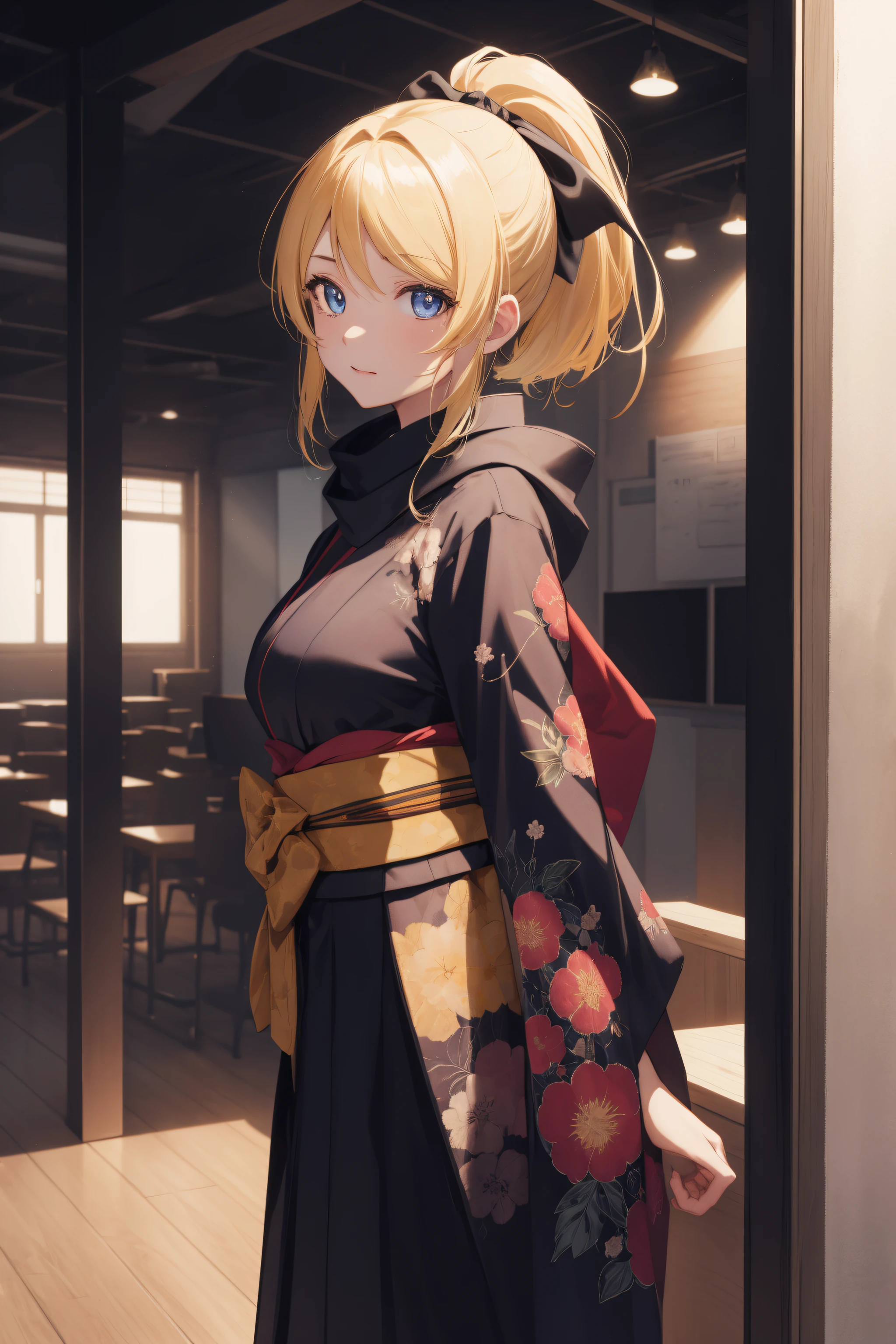 eliayase, eli ayase, yellow hair, blue eyes, ponytail, hair ribbon, medium breast,
BREAK black scarf, black bow, japanese clothes, kimono, sash, scarf,
BREAK looking at viewer,standing, leaning forward, (arms behind back:1.2),
BREAK indoors, classroom,
BREAK (masterpiece:1.2), best quality, high resolution, unity 8k wallpaper, (illustration:0.8), (beautiful detailed eyes:1.6), extremely detailed face, perfect lighting, extremely detailed CG, (perfect hands, perfect anatomy),
