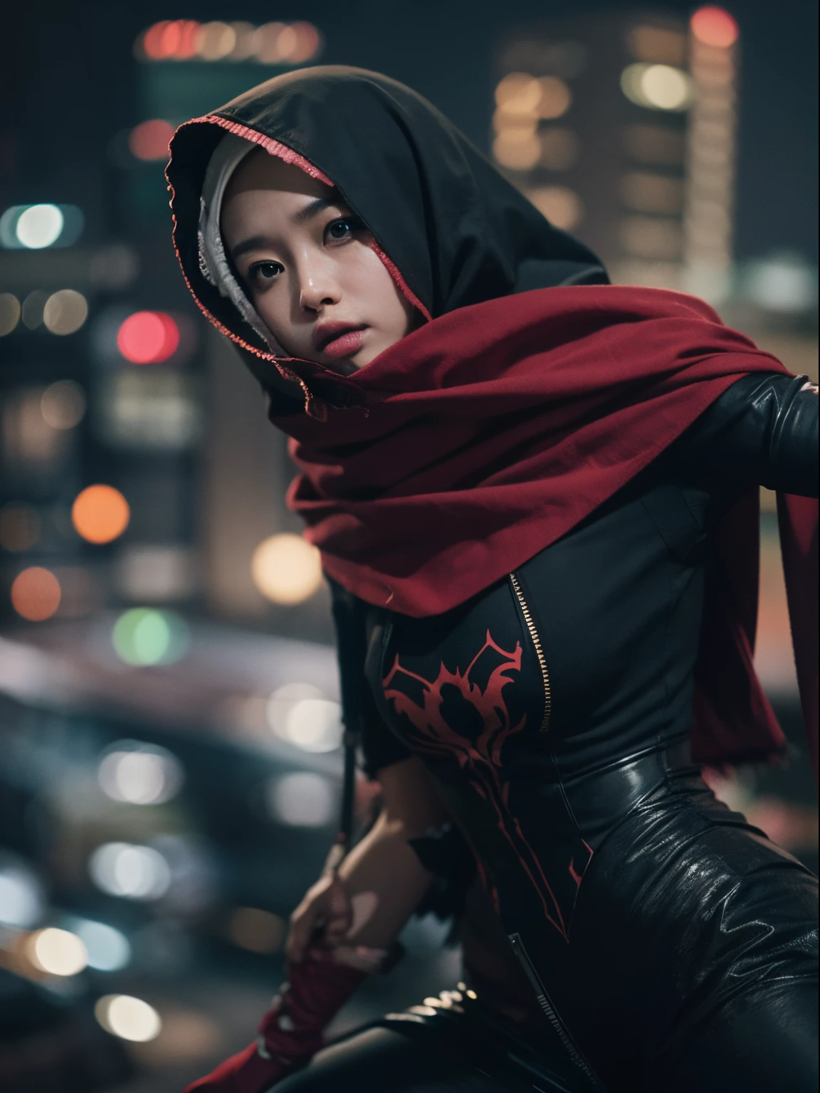 1 malay girl, solo,long big hijab, red eyes, medium hijab, superhero, superhero pose, red and black leotard, leggings, boots, top of building, very windy, city background, bokeh, nighttime, high quality, ultra detail, 8k, action pose, cinematic lighting, lot of smoke effect, dramatic action, style raw, 50mm lense, handheld shot camera angle, High Contrast cinematography effect, Natural Lighting, pastel color grading, hyper-detail photo,