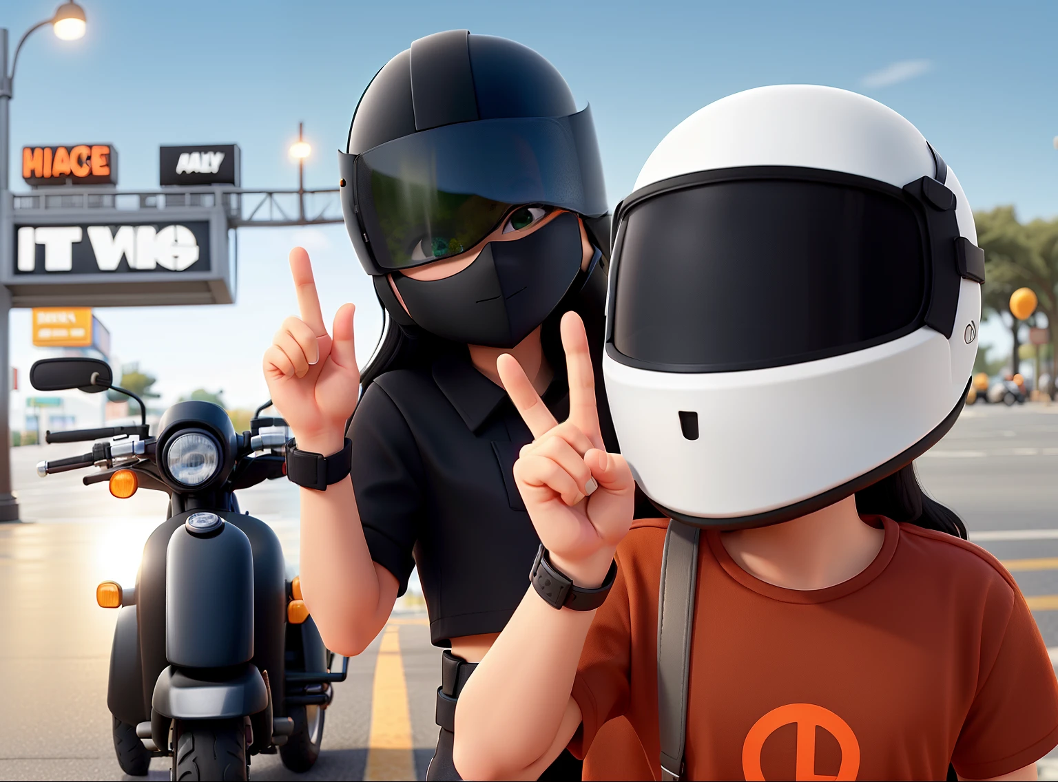 The guy wearing a black shirt, black watch and black helmet and posing a peace sign while the girl wearing a orange crop top, black watch and white helmet and also posing peace sign. Big bike on the side and mall parking at the background