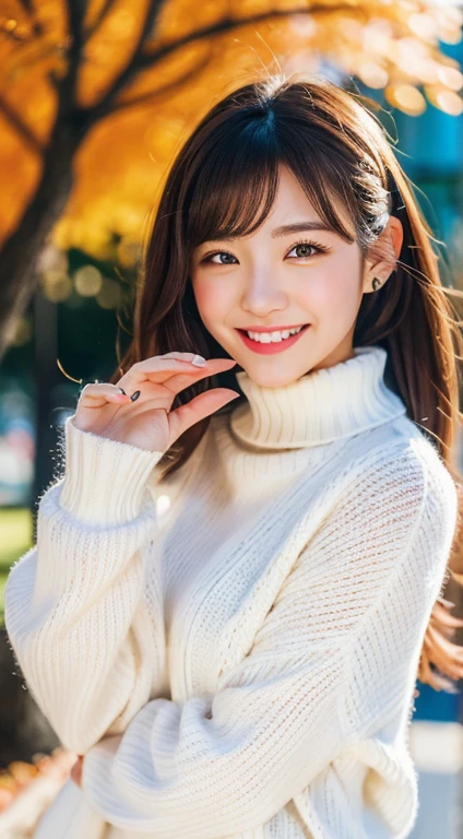 ulzzang -6500-v1.1, (Raw photo:1.2), (Photorealistic:1.4), Beautiful detailed girl, Very detailed eyes and face, Beautiful detailed eyes, Ridiculous, Incredibly ridiculous, Huge file size, super detailed, High resolution, Very detailed, Best Quality, masutepiece, Kemomimi, ((Japan Girls Fallwear )), ((White sweater、G-pan))Illustration, Very detailed, nffsw, unified, 8K Wallpaper, amazing, Fine details, masutepiece, Best Quality, Highly detailed ticker uniform 8K wallpaper, Light on Face, Cinematic lighting, 1girl in, , lightsmile, Full body, Running ,((Dynamic Pose)), season for autumn、A park with beautiful autumn leaves、Autumn leaves on autumn background、Bright light in the morning、Morning running is sunny、Facing the front、Making a heart mark by hand、Smiling、((Dynamic Pose))、make a heart mark、heart mark、