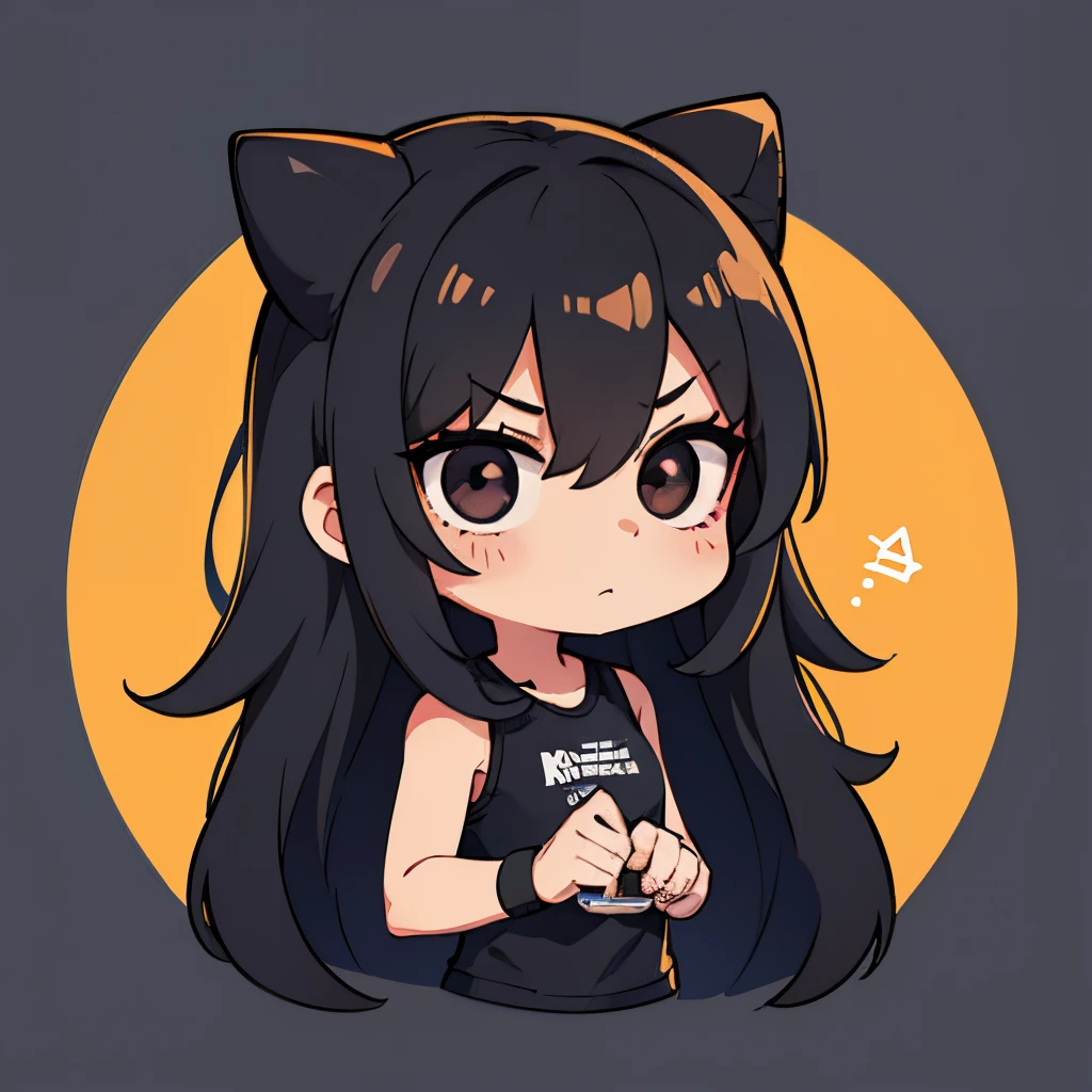 1girl，tchibi，Buffy，mano，V logo，beckon, Love you，black long hair，black eyes,  Gradient hair color