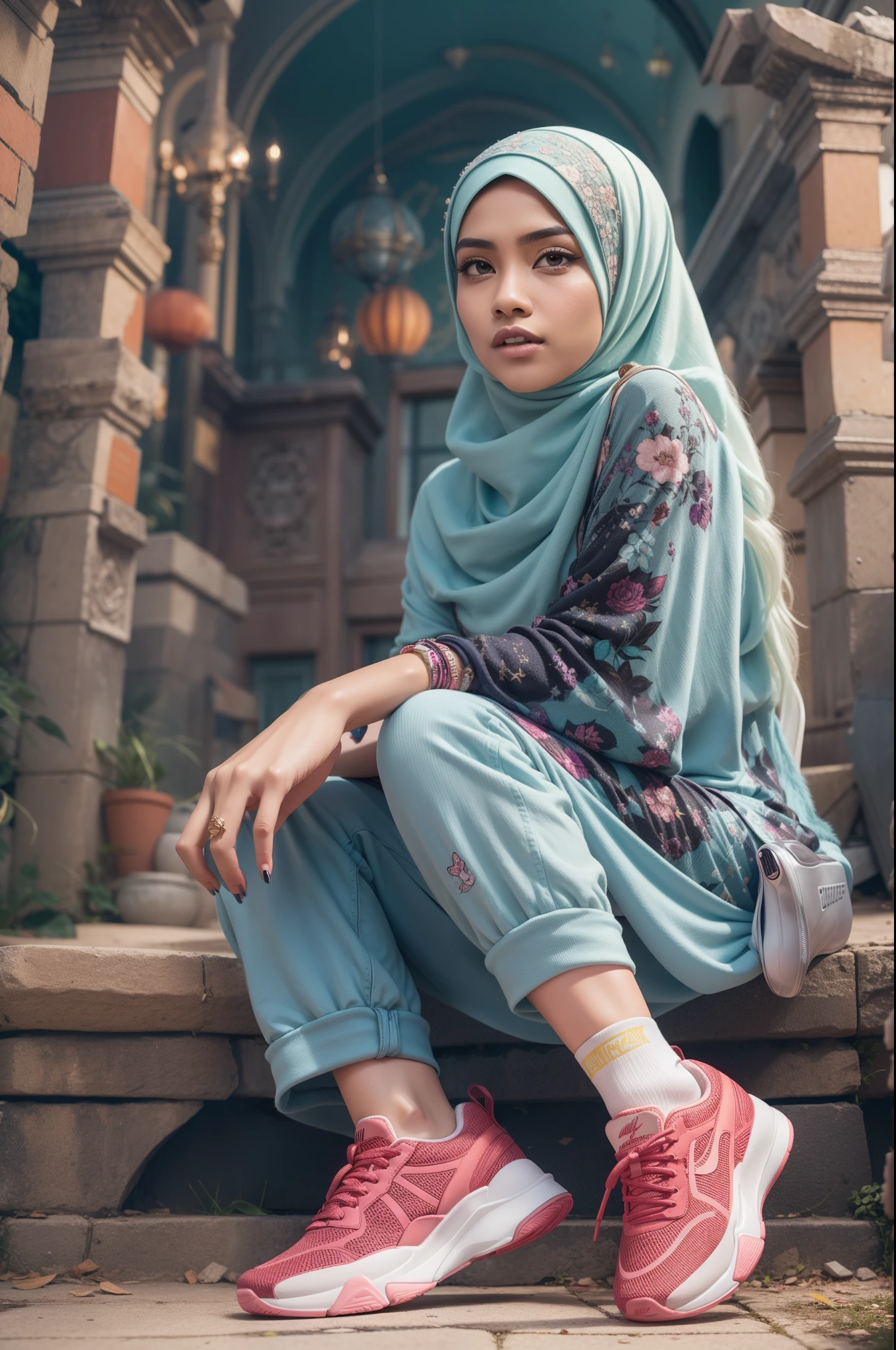 Design an advertising poster for sneakers with a fantasy twist. Feature a Malay girl in hijab wearing these sneakers in a magical, dreamlike setting. Emphasize comfort and style with a touch of enchantment.