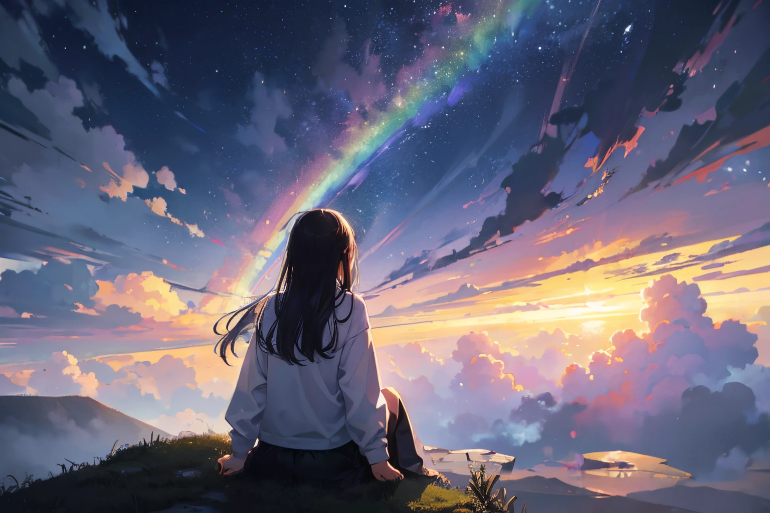 Create exquisite illustrations reminiscent of Makoto Shinkai's style, It has ultra-fine details and top-notch quality. Create a high-quality illustration of a breathtaking scene where the rain has ceased, leaving behind a fantastical rainbow stretching across the entire sky. . Infuse the entire artwork with an ethereal and intricate atmosphere, ensuring meticulous attention to detail. The goal is to capture the magical moment when the sky transforms into a canvas of colors after the rain, evoking a sense of wonder and awe