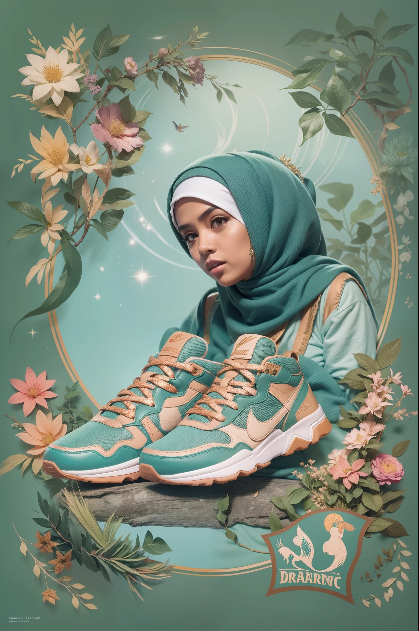 Design an advertising poster for sneakers with a fantasy twist. Feature a Malay girl in hijab wearing these sneakers in a magical, dreamlike setting. Emphasize comfort and style with a touch of enchantment.