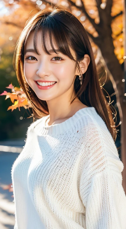ulzzang -6500-v1.1, (Raw photo:1.2), (Photorealistic:1.4), Beautiful detailed girl, Very detailed eyes and face, Beautiful detailed eyes, Ridiculous, Incredibly ridiculous, Huge file size, super detailed, High resolution, Very detailed, Best Quality, masutepiece, Kemomimi, ((Japan Girls Fallwear )), ((White sweater、G-pan))Illustration, Very detailed, nffsw, unified, 8K Wallpaper, amazing, Fine details, masutepiece, Best Quality, Highly detailed ticker uniform 8K wallpaper, Light on Face, Cinematic lighting, 1girl in, , lightsmile, Full body, Running ,((Dynamic Pose)), season for autumn、A park with beautiful autumn leaves、Autumn leaves on autumn background、Bright light in the morning、Running、I'm running、I'm screaming、Sunny in the morning、