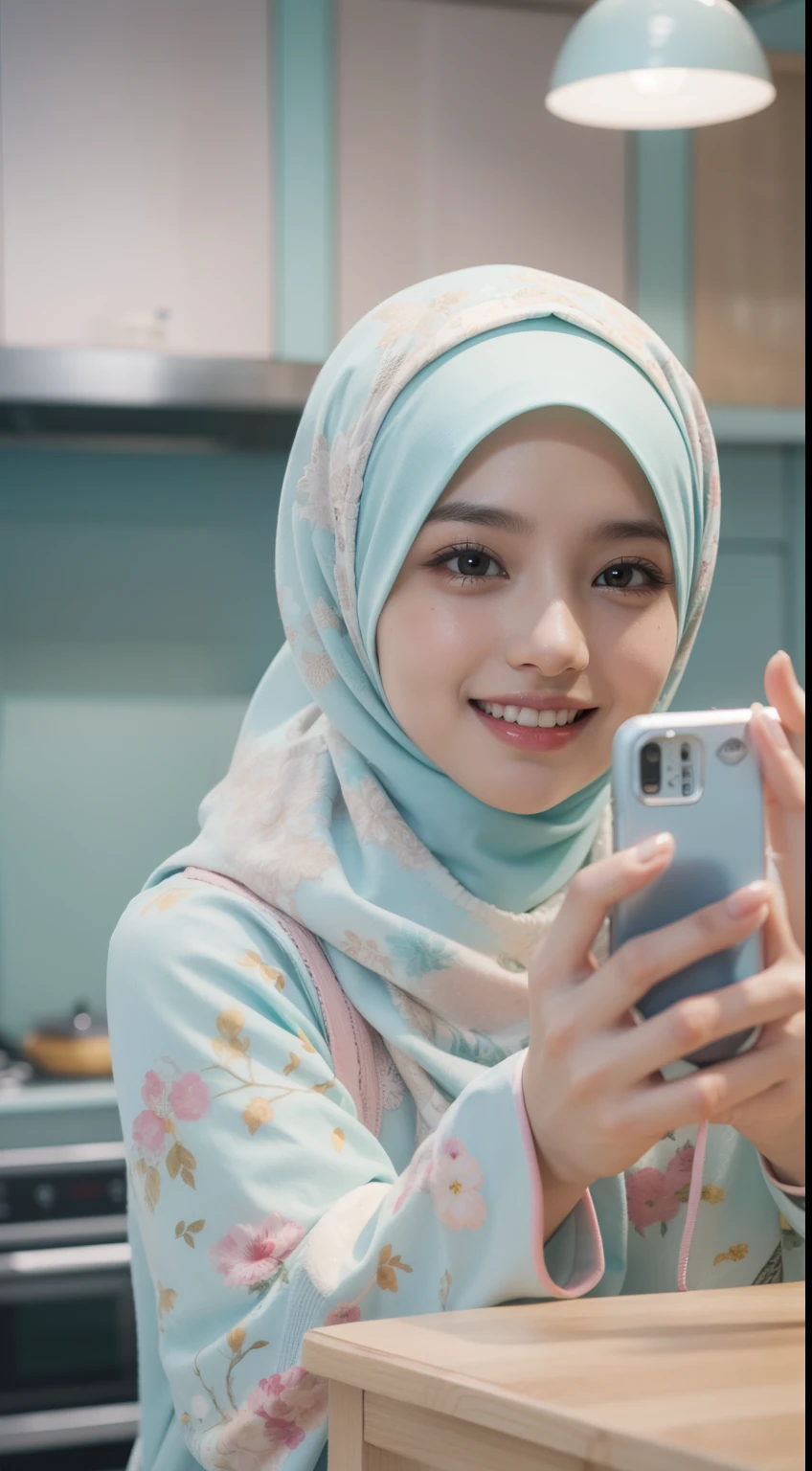 4 beautiful malay girl in light pastel color hijab taking selfie in modern kitchen, wear pastel blue and white floral pattern baju kurung, friendly and laughing situation, laughing, happy, modern pastel color kitchen, detailed skin texture, soft lighting, pastel color theme,Super 8mm lense, Extreme close-up, deep focus cinematography effect, Natural Lighting, pastel color grading, high quality, ultra detail, 8k resolution