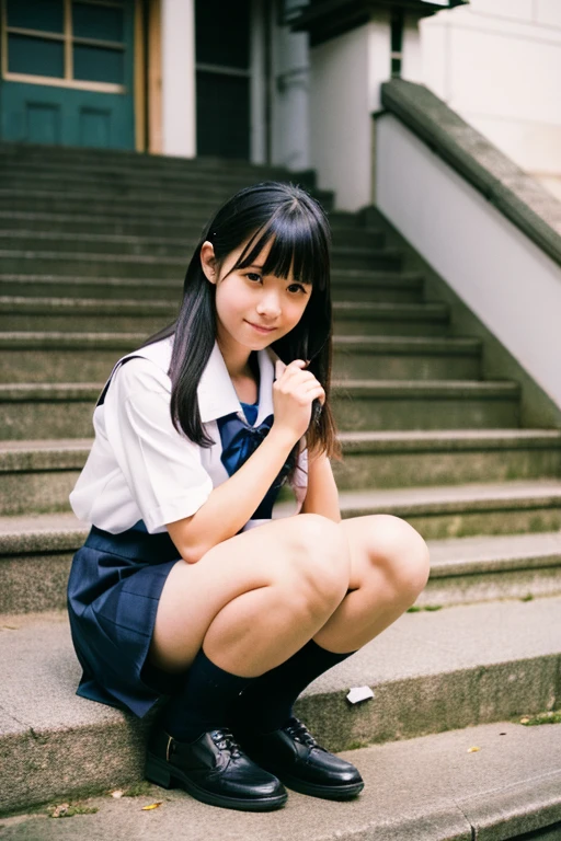 (Best-quality, Masterpiece, Ultra-High-Resolution, (Photorealistic:1.4), Raw Photo, depth of field, professional lighting, perfect anatomy, extremely details, perfect face, perfect hands, perfect fingersperfect body, perfect legs), 1girl, 18-years-old, the most famous Japanese idol, squatting in high-school, (wearing high-school uniform with cute design, short sleeve shirt, white socks, lofers, pleated skirt, panties), (extremely cute face like the most popular Japanese idol, ((extremely cute and extremely big black-eyes)), extremely cute hair, extremely beautiful skins, extremely cute long-eyelashes, extremely cute lips), extremely beautiful inner-thighs, extremely beautiful inner-legs, looking at viewer, innocent smile