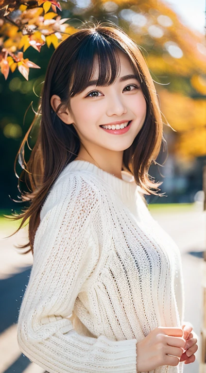 close your eyes、With a big smile。Her cheeks were slightly red.、Mouth open and smiling happily。Her expression shows pure joy and happiness.。