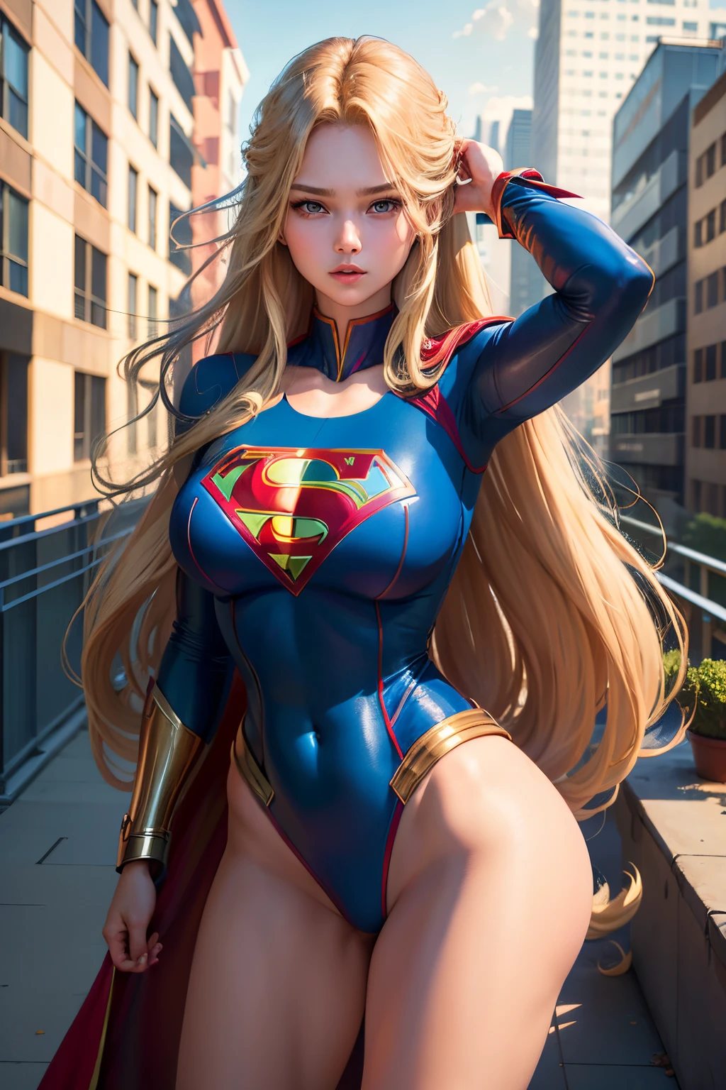 ((best quality, masterpiece, absurdress) , supergirl , 19 years old,long blonde hair, voluminous hair, loose hair, blue expressive eyes,huge breasts, korean school uniform supergirl terrace of a building, view of other buildings ,day