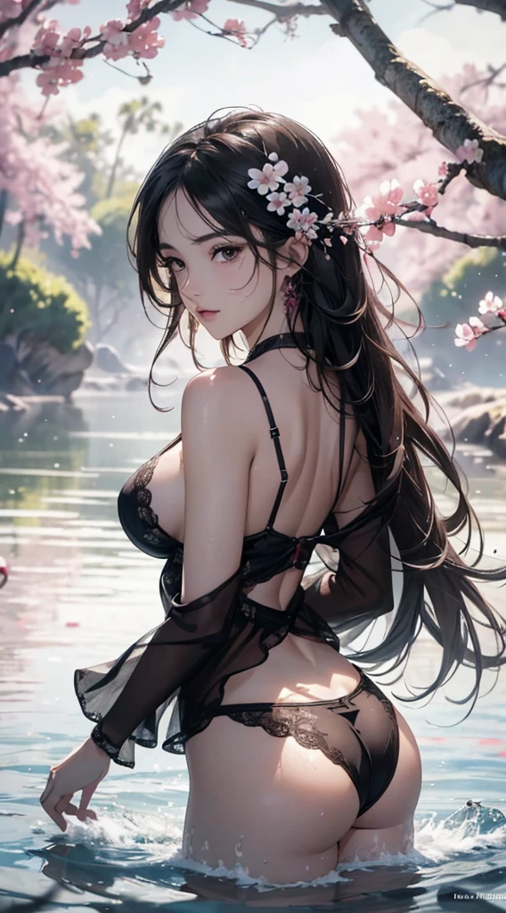 (((8k wallpaper of extremely detailed CG unit:1.2, ​masterpiece, hight resolution:1.2, top-quality:1.2, masutepiece))), ((a very beautiful woman, barechested:1.4, hiding boobs with hands:1.4, Not wearing underwear:1.8, Face your butt to the viewer, butt is submerged in water:1.3, sad Facial expression)), ((extra detailed face, Highly detailed black eyes, extra detailed body, Top quality real texture skins)), (cabelos preto e longos, Light pink eyeshadow:1.2, de pele branca), ((plein air, Plum Blossom, Plum petals floating on the water surface)), hyper realisitic, digitial painting,