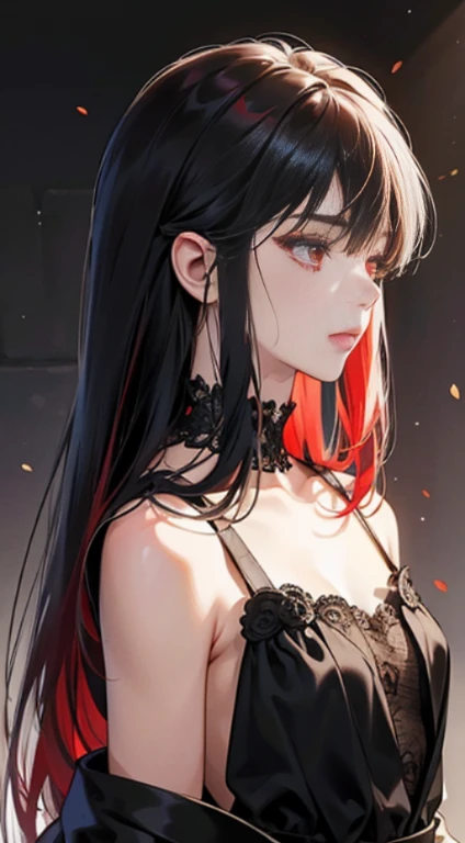 (Best Quality,4K,High resolution), 18yo woman, Red mesh hair on black hair, Shiny long straight hair, Innocence，sharp eye、red eyes、small nose、eye liner、 Luxury Black Silk Babydoll、Lonely face、Shoku、profile、slenderbody、Comical appearance，comic strip，animesque，Deformed cute illustration、Delicately expresses realistic skin texture、Muscle texture reproduction、Knife Art、(profile)、