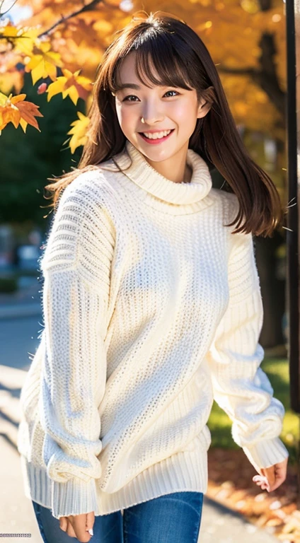 ulzzang -6500-v1.1, (Raw photo:1.2), (Photorealistic:1.4), Beautiful detailed girl, Very detailed eyes and face, Beautiful detailed eyes, Ridiculous, Incredibly ridiculous, Huge file size, super detailed, High resolution, Very detailed, Best Quality, masutepiece, Kemomimi, ((Japan Girls Fallwear )), ((White sweater、G-pan))Illustration, Very detailed, nffsw, unified, 8K Wallpaper, amazing, Fine details, masutepiece, Best Quality, Highly detailed ticker uniform 8K wallpaper, Light on Face, Cinematic lighting, 1girl in, 16 years old, lightsmile, Full body, Running ,((Dynamic Pose)), season for autumn、A park with beautiful autumn leaves、Autumn leaves on autumn background、Bright light in the morning、Morning running is sunny、Facing the front、Making a heart mark by hand、Smiling、((Dynamic Pose))、make a heart mark、heart mark、