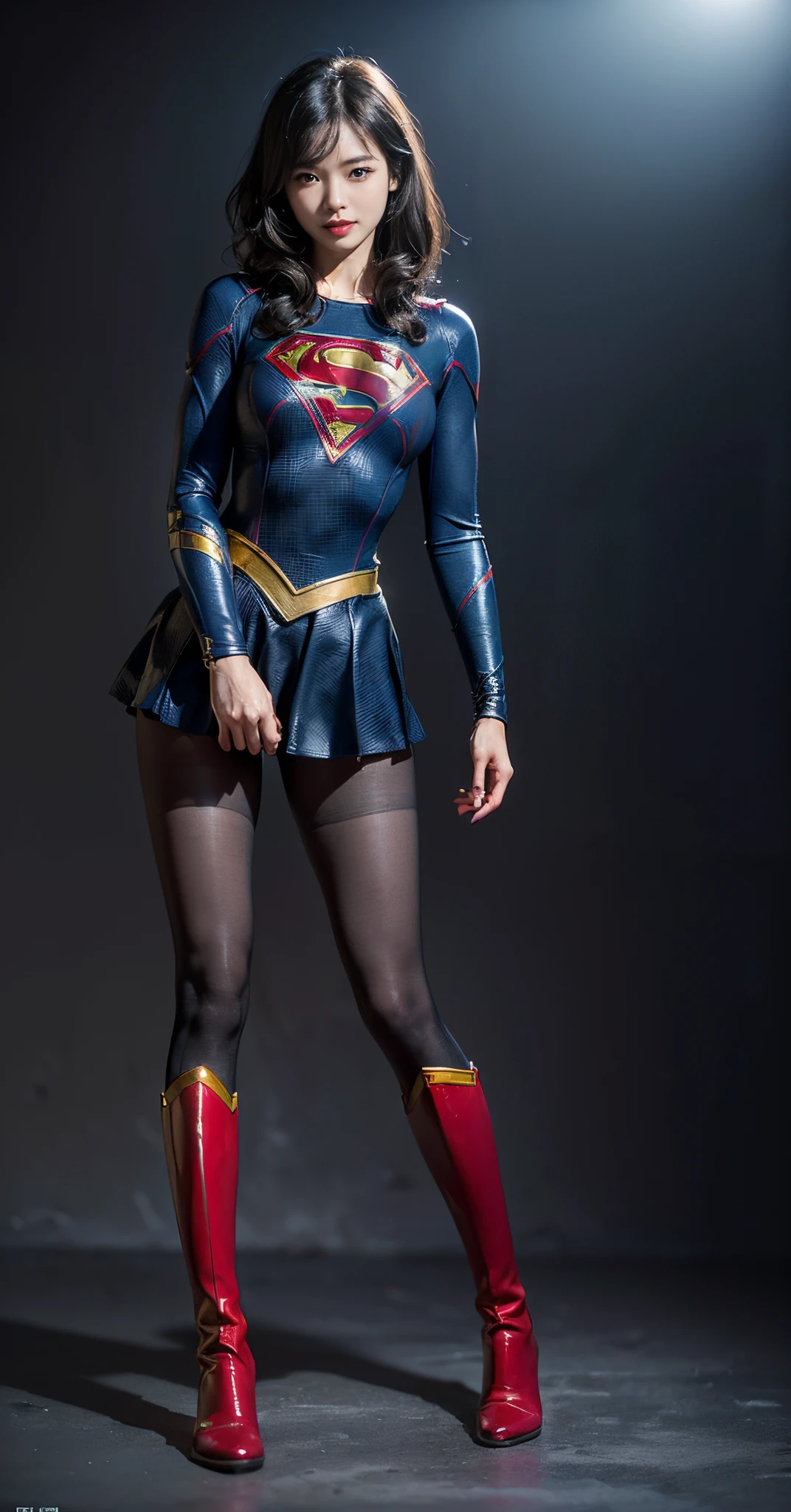 No background、(((Beautiful legs in black tights.)))、(((Legally express the beauty of your smile)))、((((Make the most of your original images)))、(((Supergirl Costume)))、(((Beautiful ultra-short hair)))、(((suffering)))、(((Please wear black tights....、Wear red boots)))、((Best image quality、8K))、((highest quality、8K、masterpiece:1.3))、(((Preserve background )))、Sharp focus:1.2、Beautiful woman with perfect figure:1.4、Thin abdominal muscles:1.2、Wet body:1.5、Highly detailed face and skin texture、8K