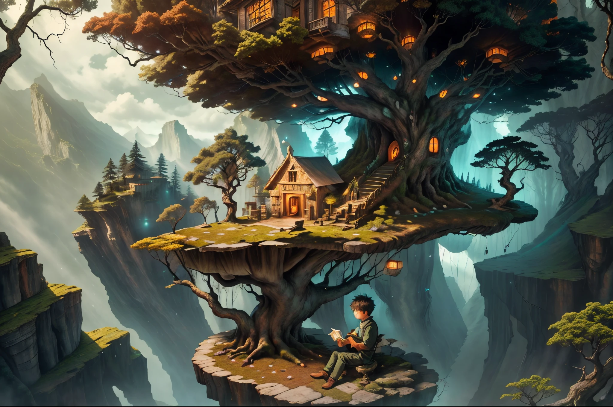 Little boy reading a book, sitting on a pile of books, (big old tree on the cliff:1.2),(many tree houses on the branches:1.3),steep and majestic cliffs, rough rocks, thrilling, dramatic light, mist and mist,