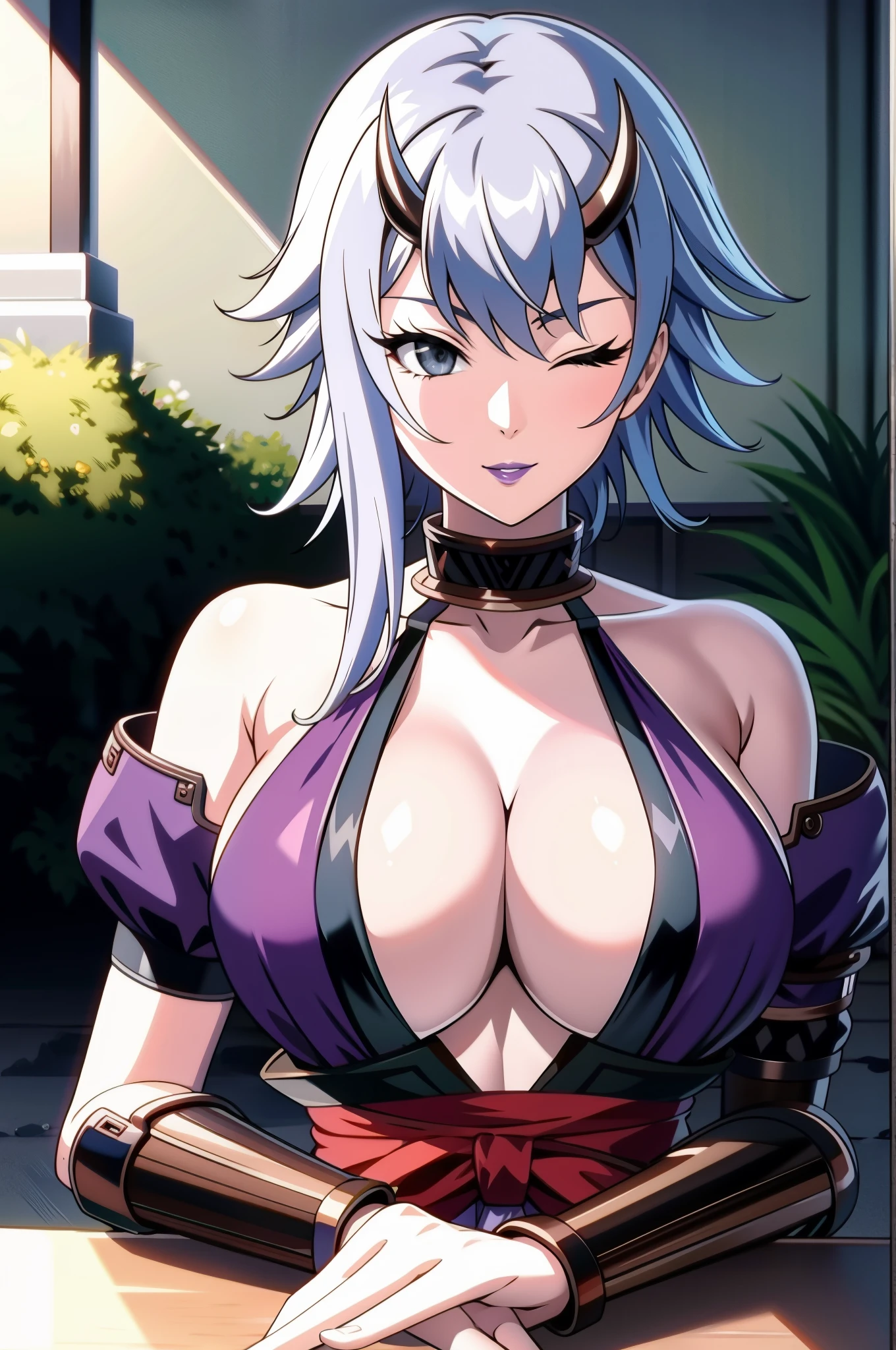 perfect eyes:1.2, detailed eyes:1.4, shizuka, lying, closed eyes:1.2, arms behind head, sleeping, on grass, lilac lipstick, pale skin, grey hair, ninja, japanese armor, tunic, .single shoulder pad, obi, bracer, cleavage, 1girl, solo, (masterpiece:1.6, best quality), 8k, insane details, intricate details, hyperdetailed, hyper quality, high detail, ultra detailed, professional, HDR, ray tracing reflection, cinematic lighting,