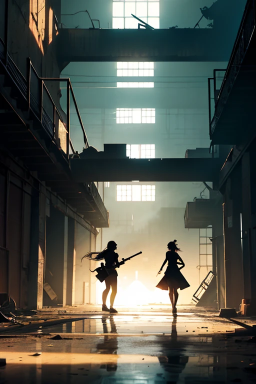 Silhouette of two people fighting，Inside the abandoned factory，