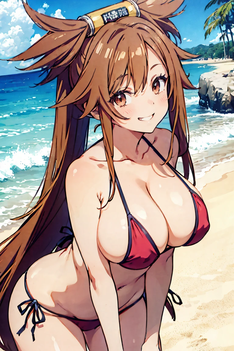 anime screencap、1girl in,Hair Ornament,Huge breasts,bikini of,Beach,Smile,grin
