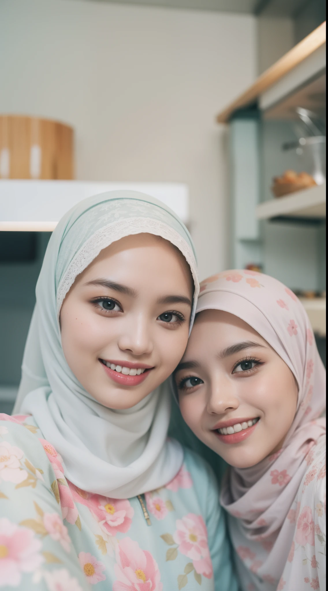 4 beautiful malay girl in light pastel color hijab taking selfie in modern kitchen, wear pastel floral pattern baju kurung, friendly and laughing situation, laughing, happy, modern pastel color kitchen, detailed skin texture, soft lighting, pastel color theme,Super 8mm lense, Extreme close-up, deep focus cinematography effect, Natural Lighting, pastel color grading, high quality, ultra detail, 8k resolution
