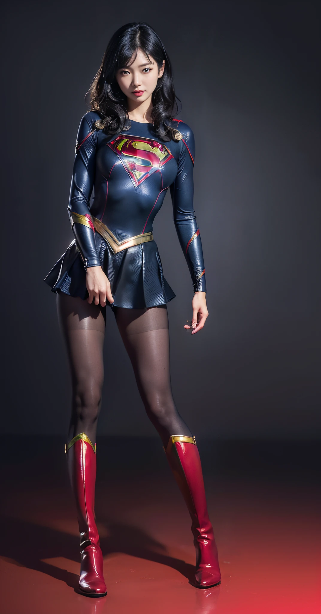 Asian Beautiful Girl、(((Wear black tights on your beautiful legs.)))、(((beauty legs)))、(((facial expression of smile)))、((((Make the most of the original image)))、(((Supergirl Costume)))、(((a short bob、beautiful hairl)))、(((Suffering)))、(((Feet must necessarily be worn with black tights)))、(((You need to wear red boots)))、((Top image quality、8K))、((top-quality、8K、masterpiece:1.3))、(((Keep your background simple)))、Crisp focus:1.2、Beautiful woman with perfect body shape:1.4、Slender Abs:1.2、a wet body:1.5、Highly detailed facial and skin texture、8K、beauty legs