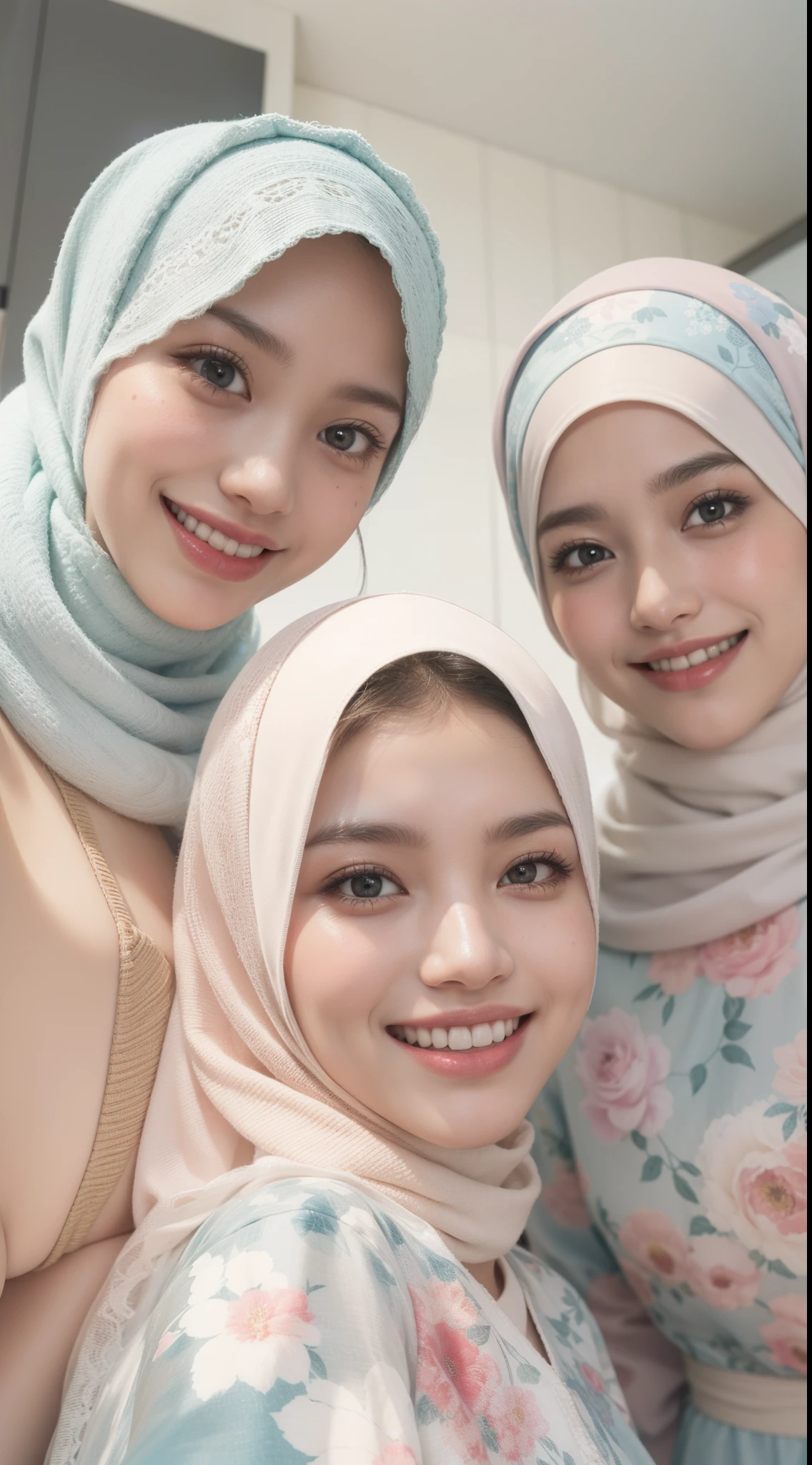 4 beautiful malay girl in light pastel color hijab taking selfie in modern kitchen, wear pastel floral pattern baju kurung, friendly and laughing situation, laughing, happy, modern pastel color kitchen, detailed skin texture, soft lighting, pastel color theme,Super 8mm lense, Extreme close-up, deep focus cinematography effect, Natural Lighting, pastel color grading, high quality, ultra detail, 8k resolution