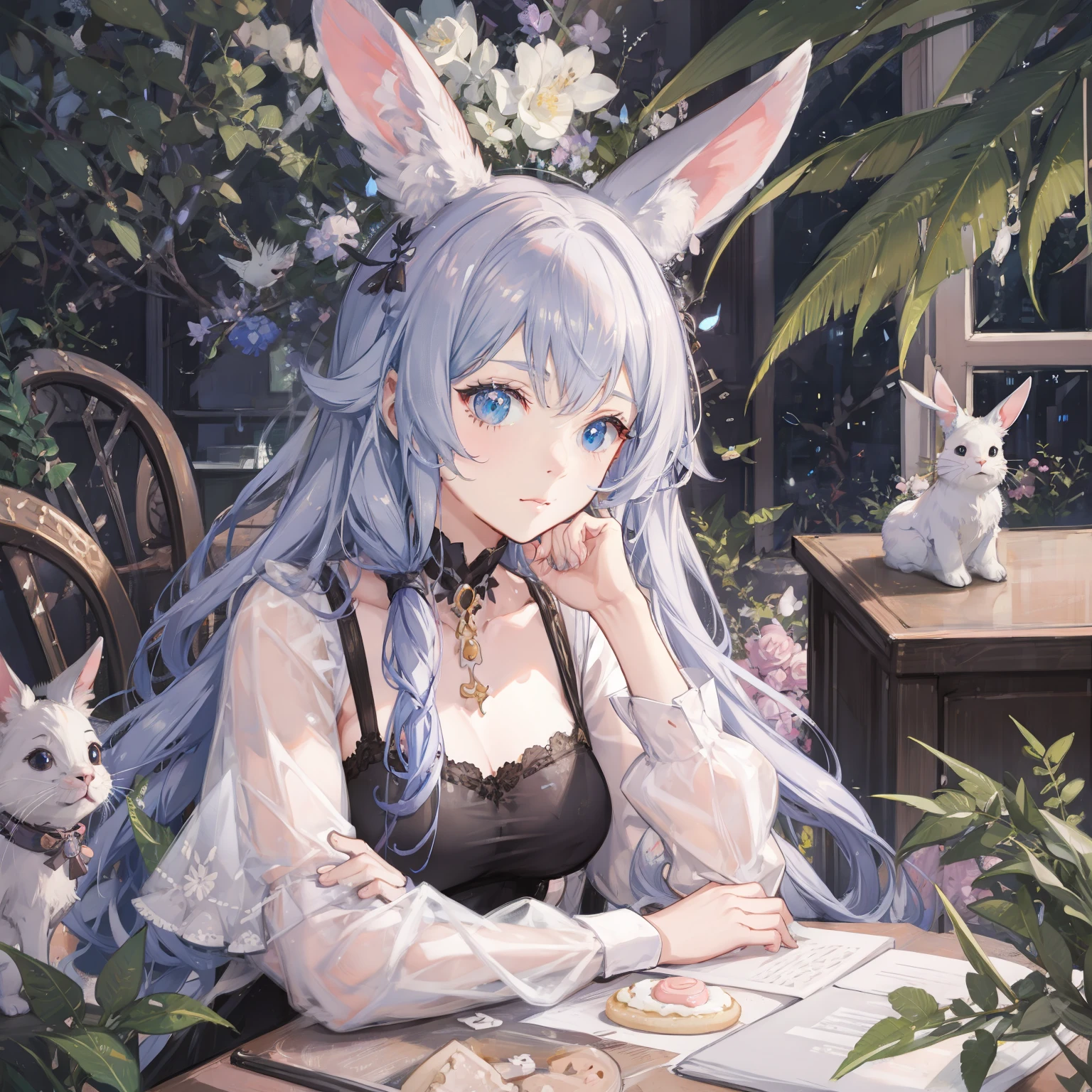 (Cute illustration:1.5), Surrounded by cute bunnies , Cute with rabbit ears, Hair color is pink , Blue pastel color outfit、Hug a fluffy white rabbit、tea parties、a cake、 macaroons、donut、cookies、black tea、cute little、Cute 、Dolce、fluffly、Dolce、Pale shades