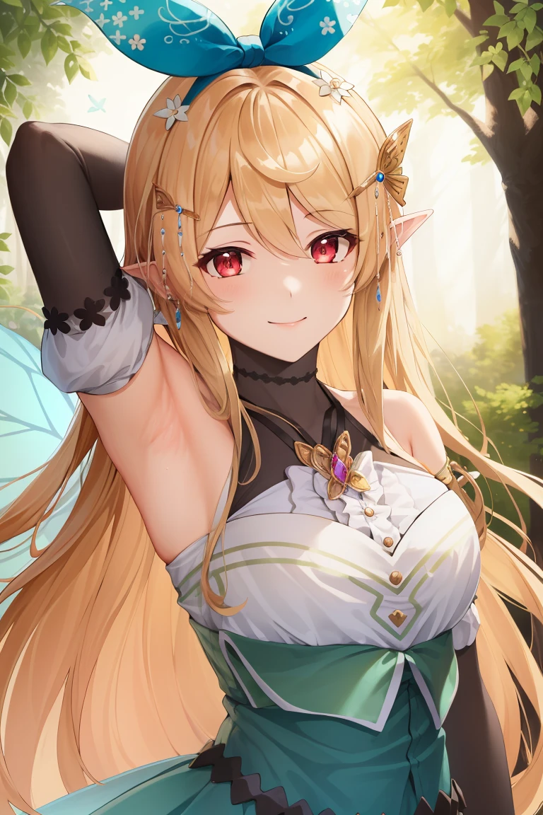 (masterpiece, best quality),  intricate details, upper body
1girl,     pomu rainpuff, hair behind ear, butterfly hair ornament, hair ribbon, halterneck, black gloves, elbow gloves,  fairy wings, bare shoulders, smile, armpits, hands behind head
forest, fairytale