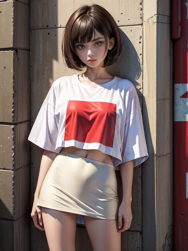 high quality, intricate details, chromatic abberation, 1girl in, short cyberpunk hair, a brunette, tousled hair, white highlights, red eyes, sharp eye, Oversized (white t-shirt without patterns), Ultra mini skirt, pantiy, Cowboy Shots, wind up, (oversize tshirt: 1.2 inches), against a wall, Concrete walls, doodle, Dim lighting, alleyway