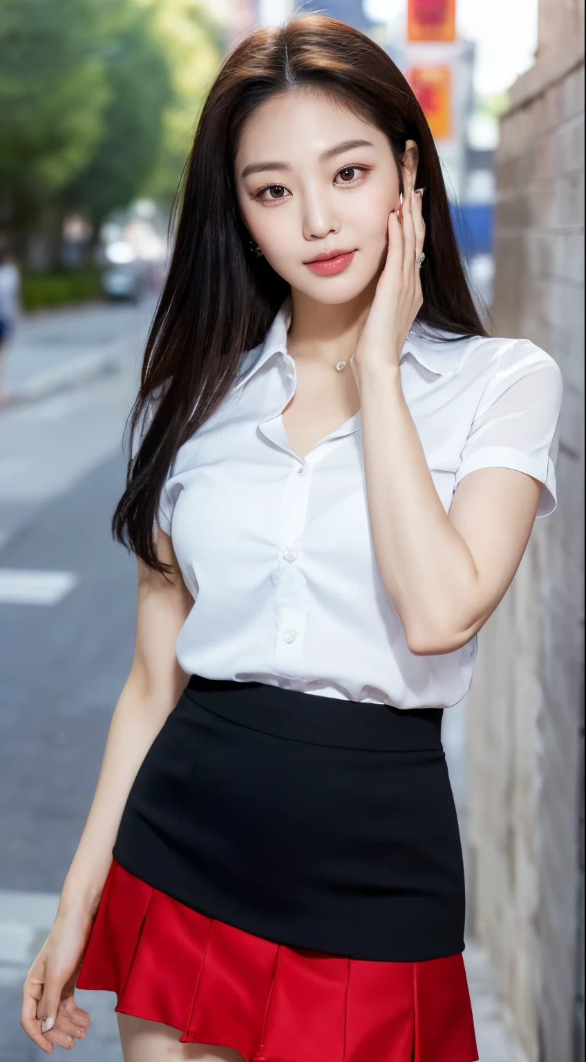 (1 Korean star with royal sister style), ((best quality, 8k, masterpiece: 1.3)), (slender body: 1.3), focus: 1.2, perfect body beauty: 1.4, (smile), (street: 1.3), highly detailed face and skin texture, fine eyes, double eyelids, whitened skin, (black straight face: 1.3), (round face: 1.5), (big red skirt: 1.4),