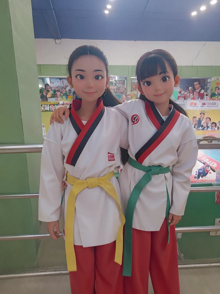 Two indonesian cute girl, taekwondo outfit, smile faced camera, cinematik movie poster, tittle "TAEKWONDO GIRL"