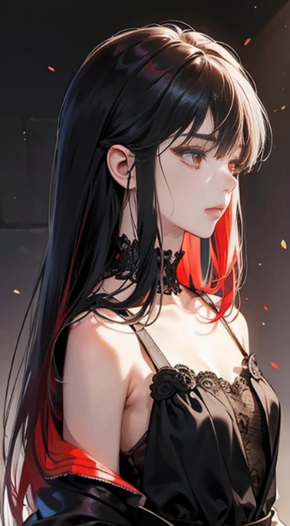 One beautiful woman, vampire woman , elf ears
long ponytail、black hair , grey eyes, beautiful eyes, detailed eyes ,
Two-tone hair colors,small face、anime makeup、"A girl with a cute and androgynous face"、white skin、cute eyes、Very thin eyebrows、tall、stylish black luxury fashion、stylish outfits 、、25 years old、British girl、Has a languid look、anger、Lower the corners of your mouth with no expression on your face、Photographed from the side diagonally、model photoshoot、masterpiece、highest quality、high resolution、luxurious 、glaring expression、korean makeup 、Cool photos、Various poses、rich , an expression of despair, lifeless eyes , Gothic outfit ,large curves, big breasts, plump body. Formal