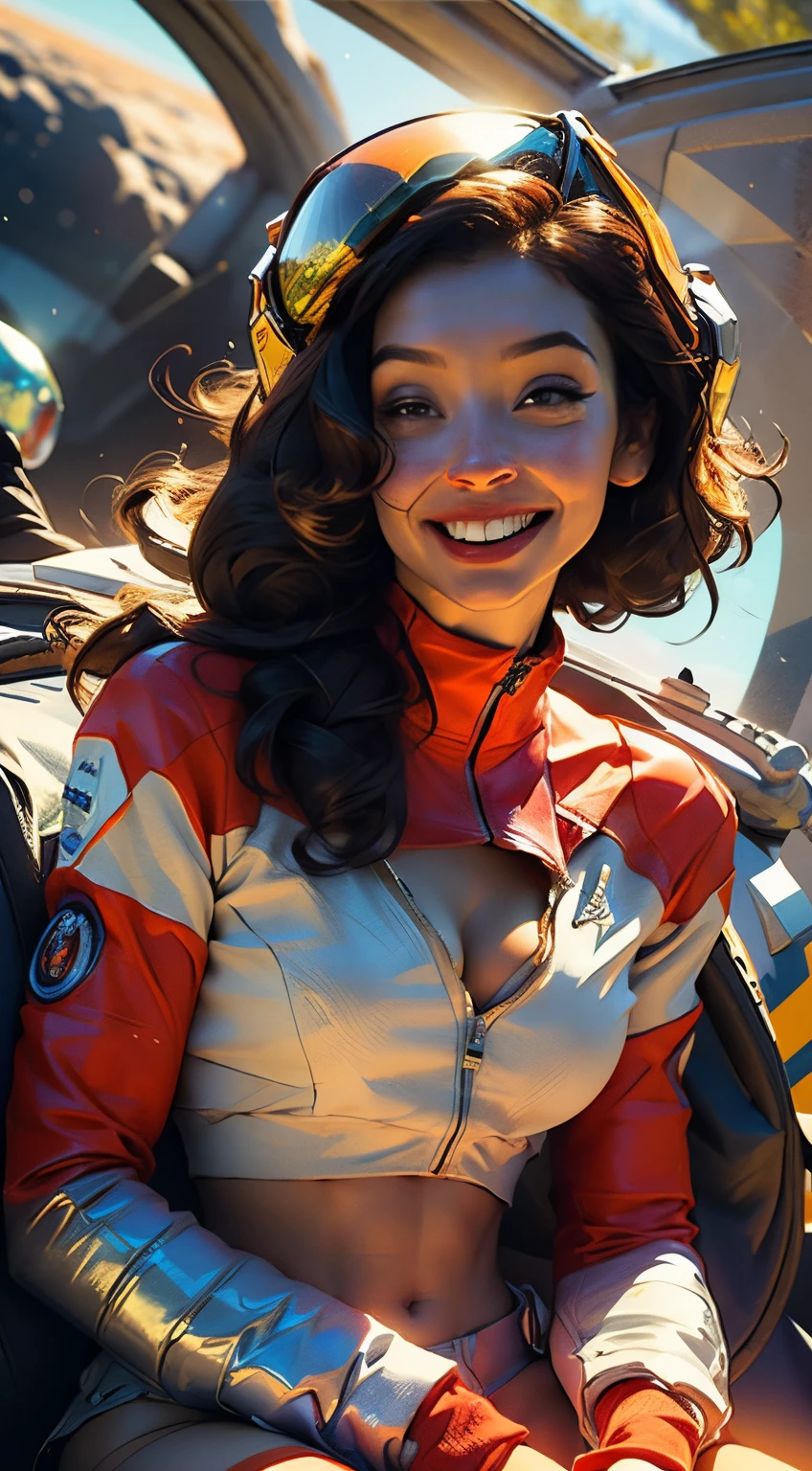 Astronaut style white and gold trim bikini zipper open (breast) and clear helmet, dark short wavy hair, with a group of soldiers behind her, beautiful sci-fi art, beautiful smile, waiting for a kiss, turning and looking at the camera, space warrior, sunrise over solar punk city, stoner rock, mars invasion, epic album art cover, sexy movie photo, cinemascope panorama, high stylized and 1940’s poster, cosmic style, 8k cinematic, golden ratio, cosmic mayhem, light particles, wet look, golden hour, realistic, masterpiece, highest quality, lens flare, shade, bloom, [[chromatic aberration]]
