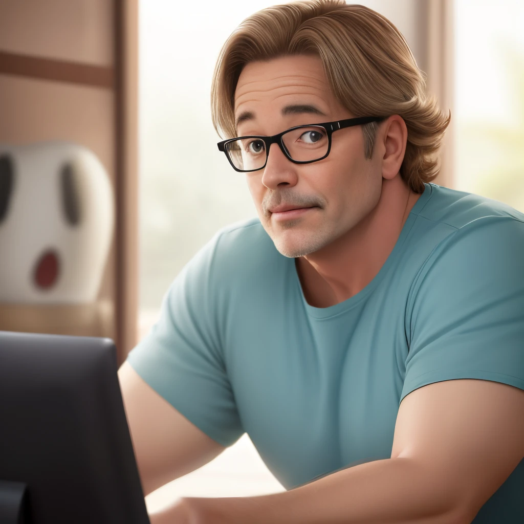 Disney pulling a 47-year-old guy with glasses, cabelos castanhos, olhos castanhos, 1,80 de altura, cabelos lisos