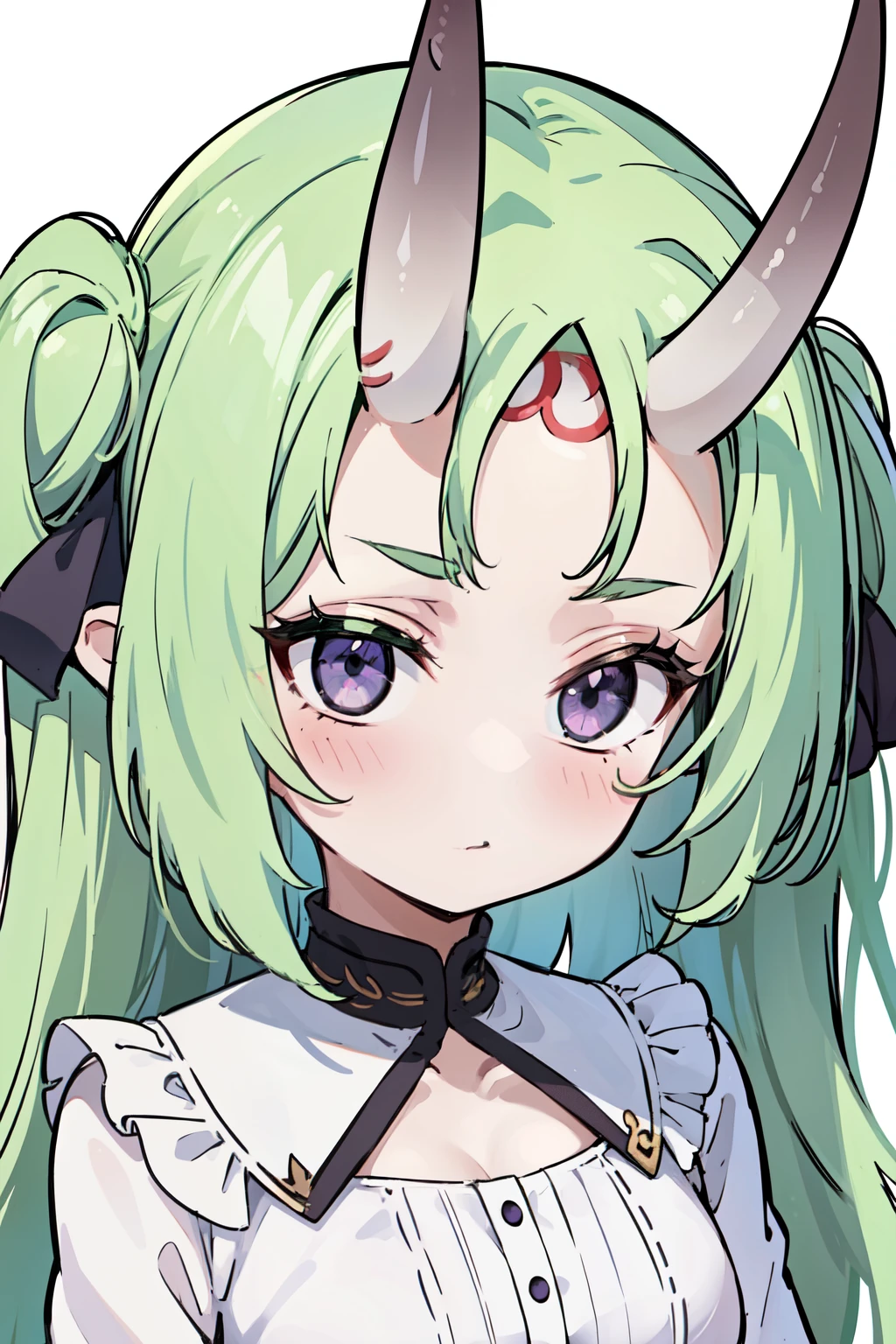 masterpiece, best quality, 4k, face close-up, portrait, 1girl, solo, beige hair, light green hair, pale green hair long hair, purple eyes, empty eyes, small breasts, (oni girl, oni horns, forehead horns), serious, neutral, white blouse, one piece blouse, medieval fashion, standing, arms behind back, looking at viewer, white background, simple background, transparent background