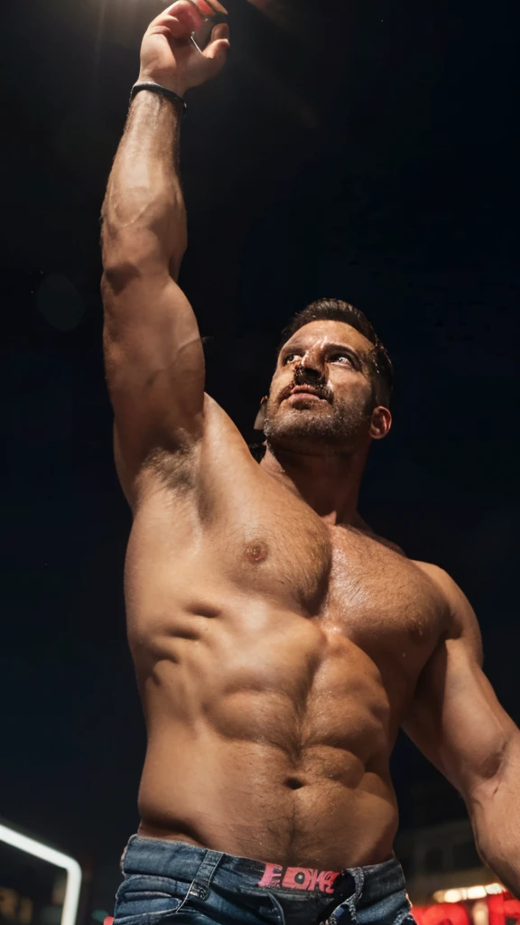 Male muscular torso, hairy muscular torso, Mexican man, hairy, manly, rugged arms up in the air, night time, neon lights around, looking up at the sky, full body, masculine 50 year old man