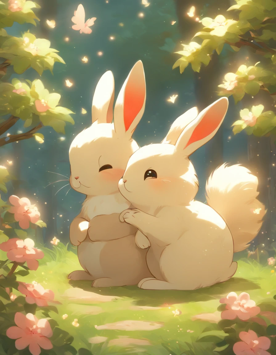 acorn , two cute rabbits,Ultra-detailed,Realistic:1.37,hight resolution,Vivid colors,Soft fur,fluffy tail,small pink nose,Sparkling eyes,rounded ears,chubby body,White and gray fur,Delicate peach blossoms,blooming flowers,green leafs,deep red and pink shades,Crispy mooncake with golden skin,mooncake decoration pattern,quiet and calm moonlit night,Peaceful and quiet atmosphere,The pale sunlight is gentle,Rabbits' reverent gaze,Playful interaction between rabbits,The moonlight reflects on the fur,Subtle starry sky in the background,sense of harmony and balance,A sublime scene full of tenderness and beauty.