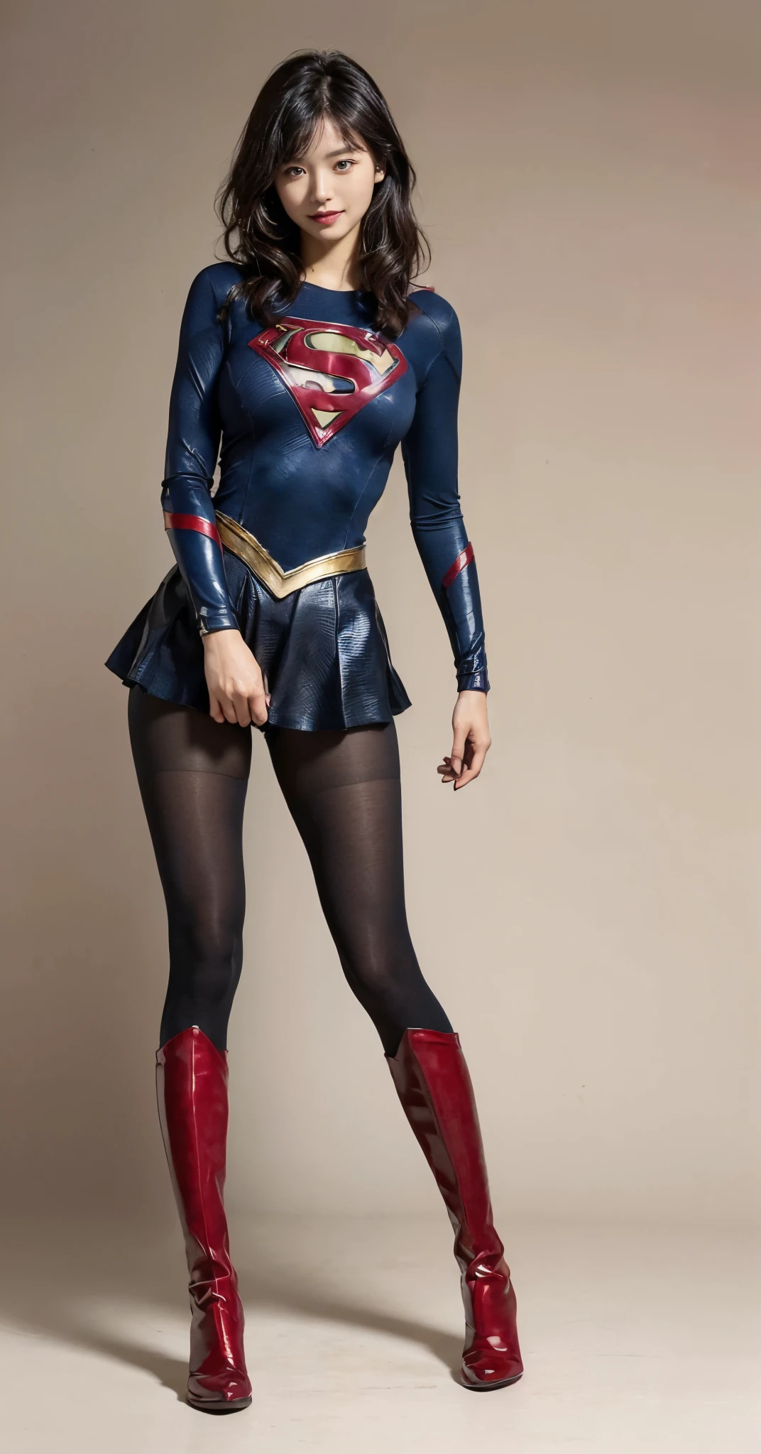 Asian Beautiful Girl、(((Wear black tights on your beautiful legs.)))、(((beauty legs)))、(((facial expression of smile)))、((((Make the most of the original image)))、(((Supergirl Costume)))、(((a short bob、beautiful hairl)))、(((Suffering)))、(((Feet must necessarily be worn with black tights)))、(((You need to wear red boots)))、((Top image quality、8K))、((top-quality、8K、​masterpiece:1.3))、(((Keep your background simple)))、Crisp focus:1.2、Beautiful woman with perfect body shape:1.4、Slender Abs:1.2、a wet body:1.5、Highly detailed facial and skin texture、8K、beauty legs