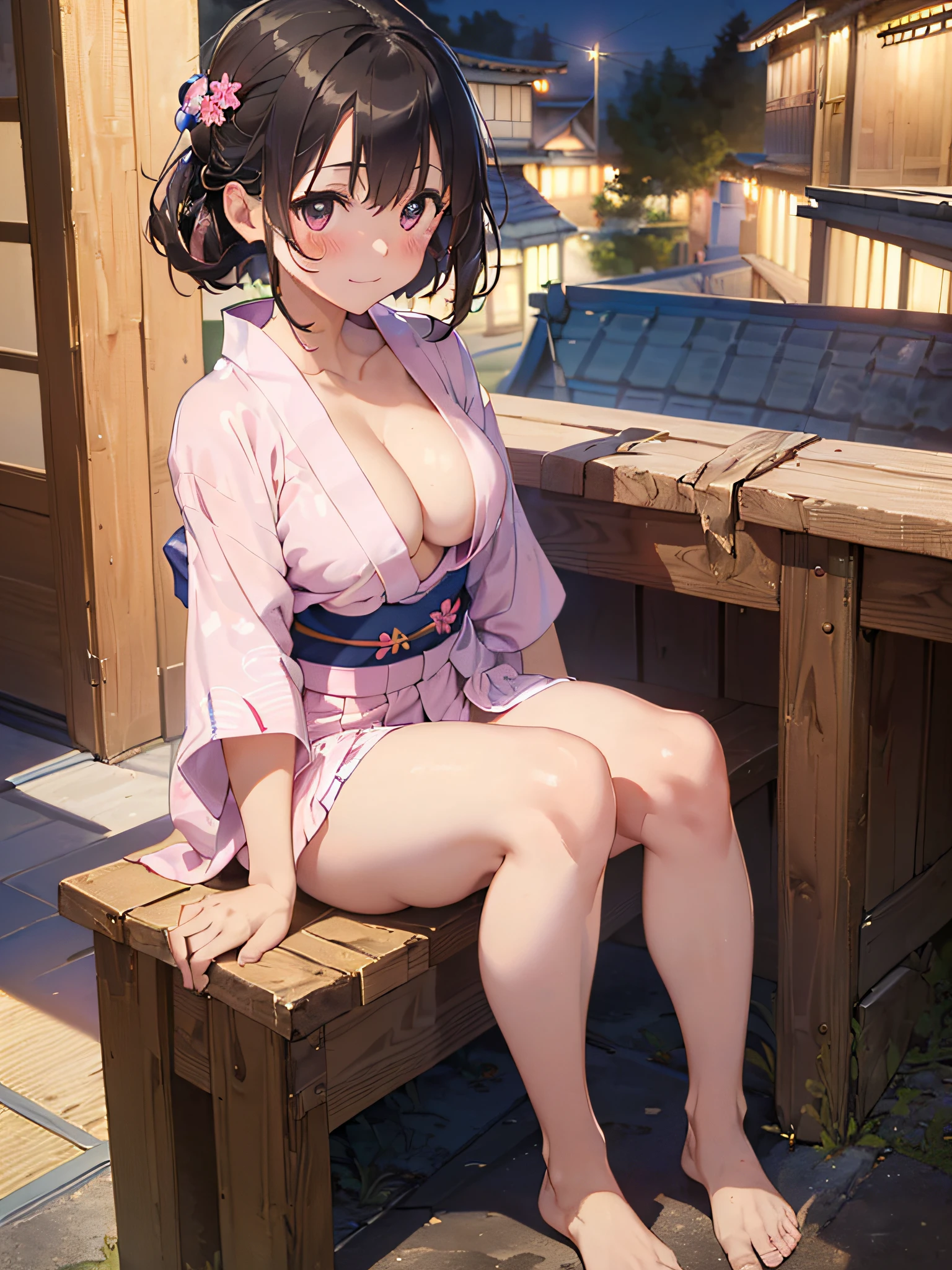 (masterpiece:2.0), (top-quality:2.0), (sitting naked:1.5), (extremely mini skirt extremely small pink yukata:1.5), (super thin fabric:1.5), (sexypose:1.5), (blushed face:1.3), (barechested:1.3), (realistic:1.5), 1 , precise hands, Embarrassed look, light smile, Look at me and smile, extremely cute girl, innocent face, young face, Clear eyes, Shining eyes, small breast, (cleavage of the breast is visible:1.5), (the thighs is visible:1.5), The crotch is visible, No pubic hair, full body, The beautiful skin, ultra-definition, Top resolution, japan high school student, brown hair, at the night festival