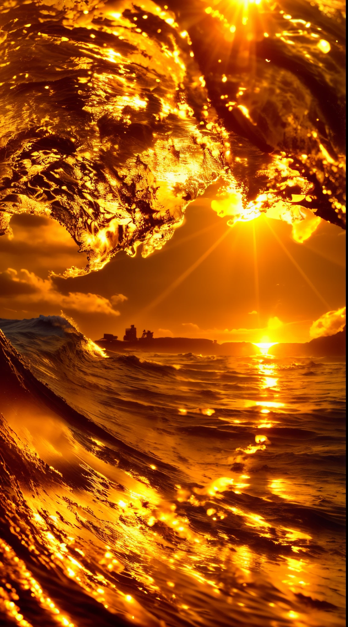 Close-up of ocean waves at sunset, Tube Wave, Breathtaking waves, Stunning waves, Inside the curl of the wave, the golden hour", Wave, breathtaking shot, Ocean Wave, Beautiful waves in the sea, Breaking waves, amazing photo, ((vague, surf photography, Tall backlit waves, Beautiful pictures, Golden sunlight, Intensely beautiful images